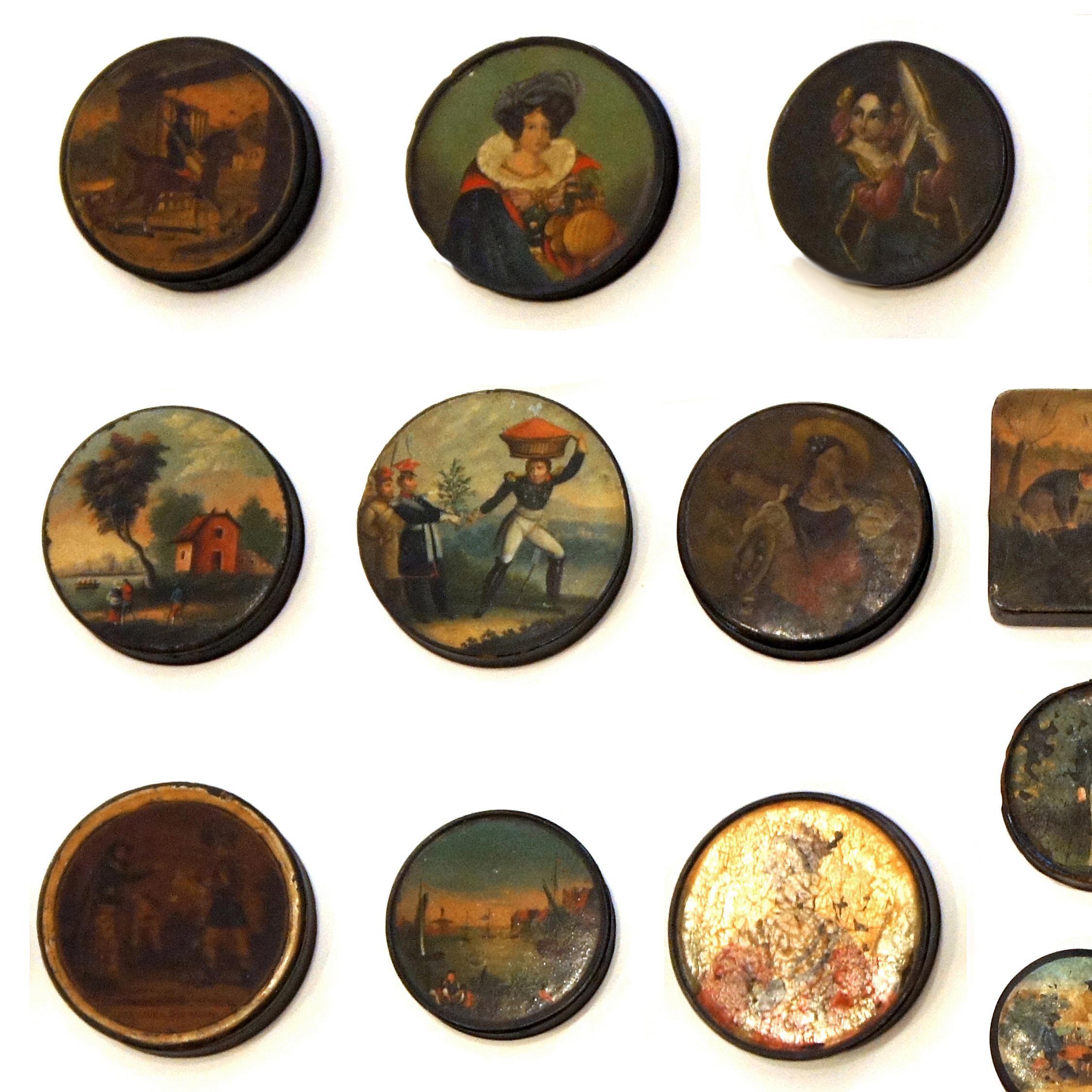 This diverse set of early 19th-century English painted snuff boxes, of various shapes and sizes, are finely decorated with a variety of subjects, including portraits of women, landscapes, hunting scenes, and whimsical vignettes.

From ½