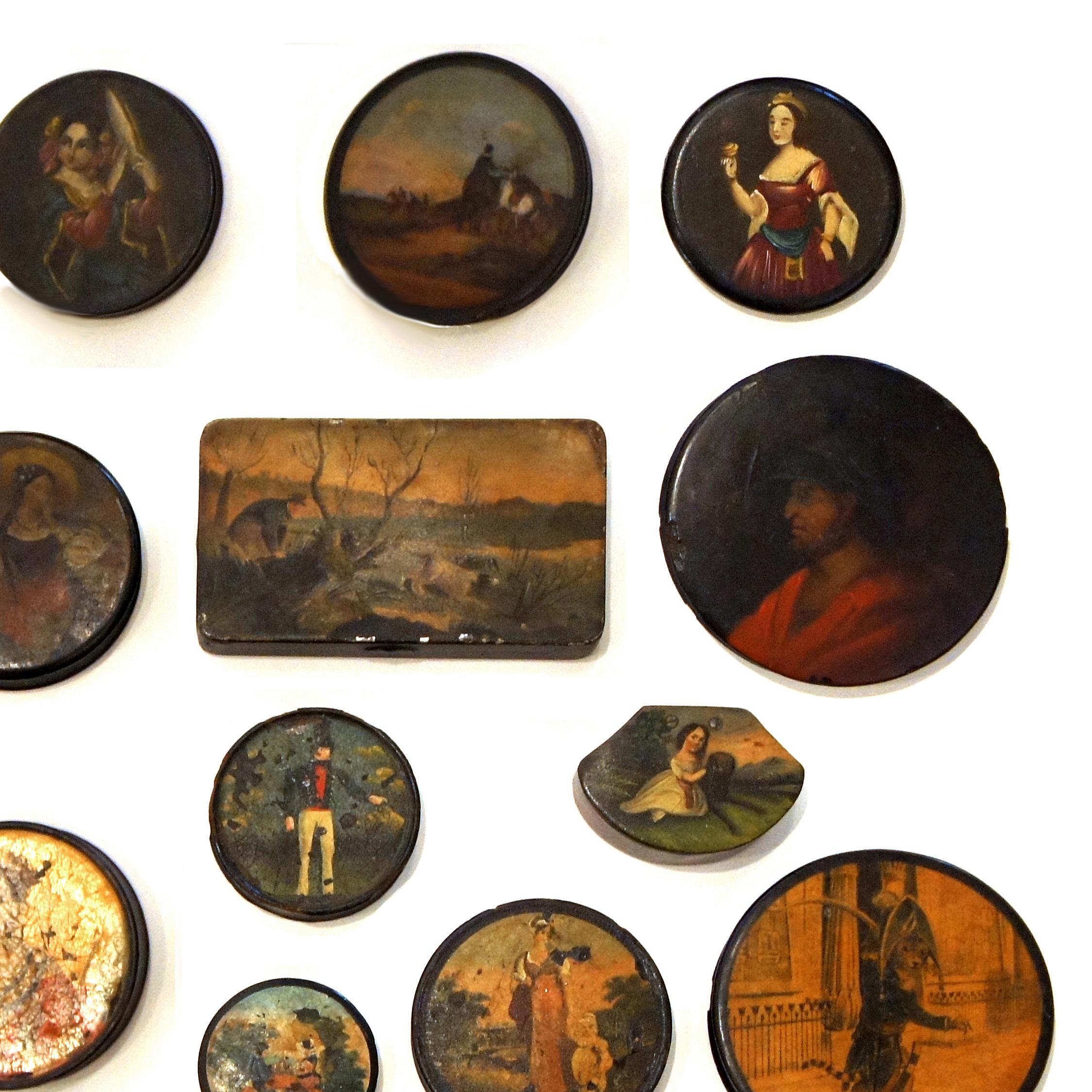 George IV Set of 24 Painted Papier Mache and Metal Snuff Boxes For Sale