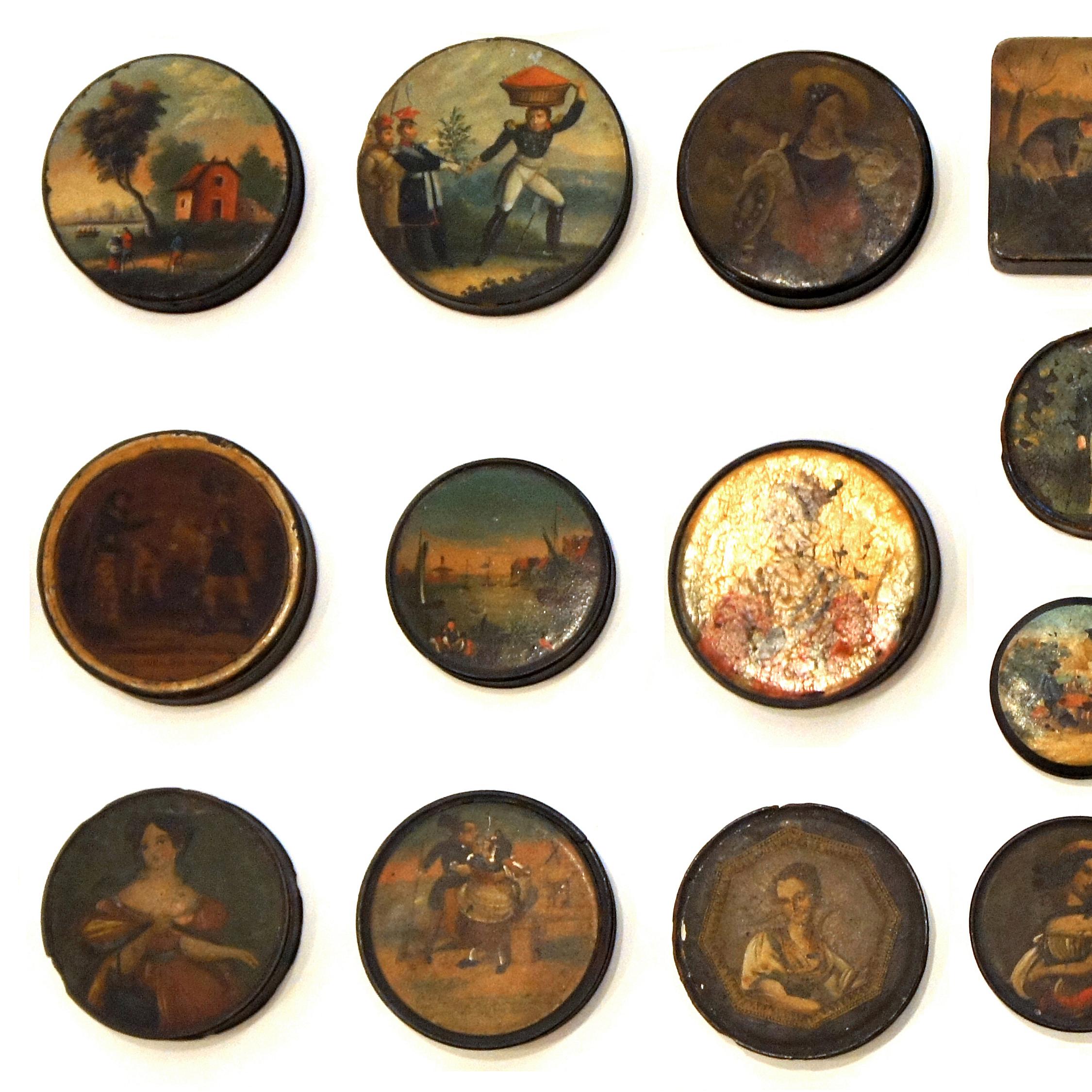 English Set of 24 Painted Papier Mache and Metal Snuff Boxes For Sale