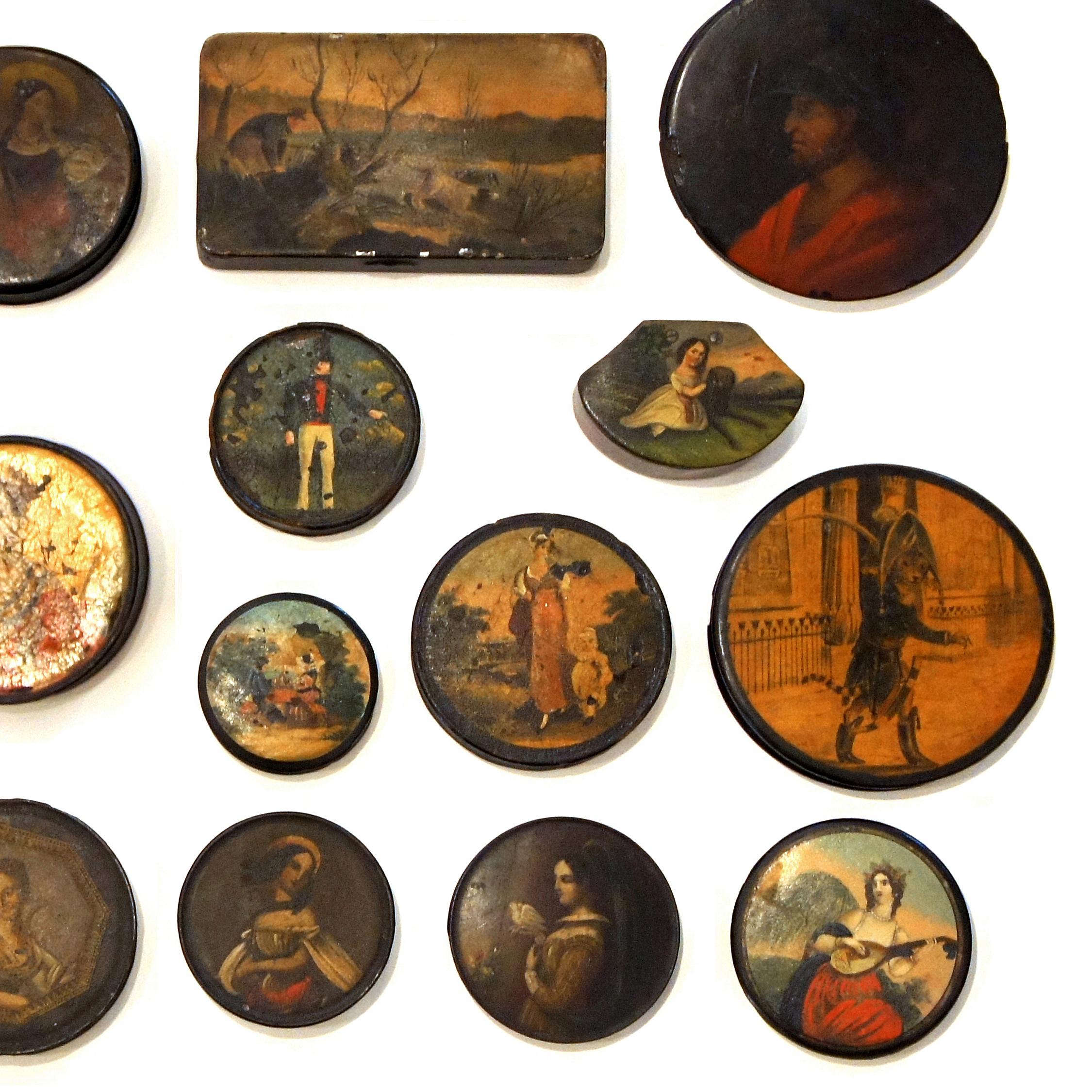 Hand-Painted Set of 24 Painted Papier Mache and Metal Snuff Boxes For Sale