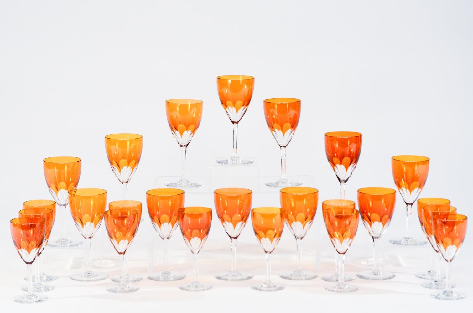 Set of 24-Pieces Signed Baccarat Tangerine Crystal Goblets, 12 Wines & 12 Waters 2
