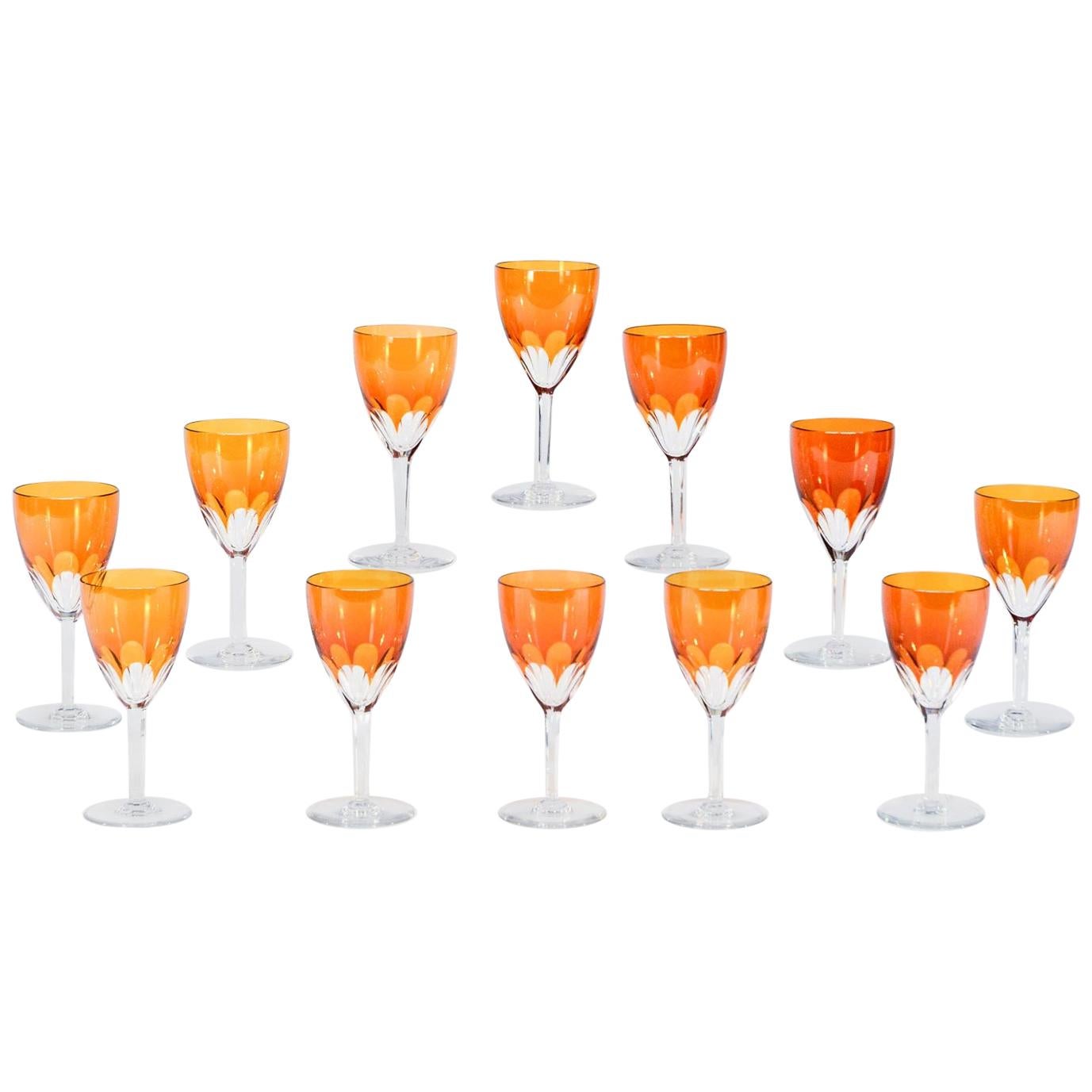 Set of 24-Pieces Signed Baccarat Tangerine Crystal Goblets, 12 Wines & 12 Waters