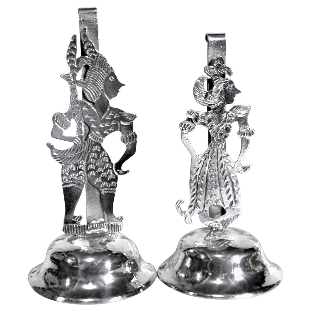 Set of 24 Thai or Tibetan Silver Plated Dancer Place Card or Menu Holders For Sale