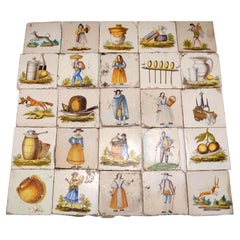 Set of 25 French Hand Painted Tin Glazed Faience Pottery Tiles, 19th C