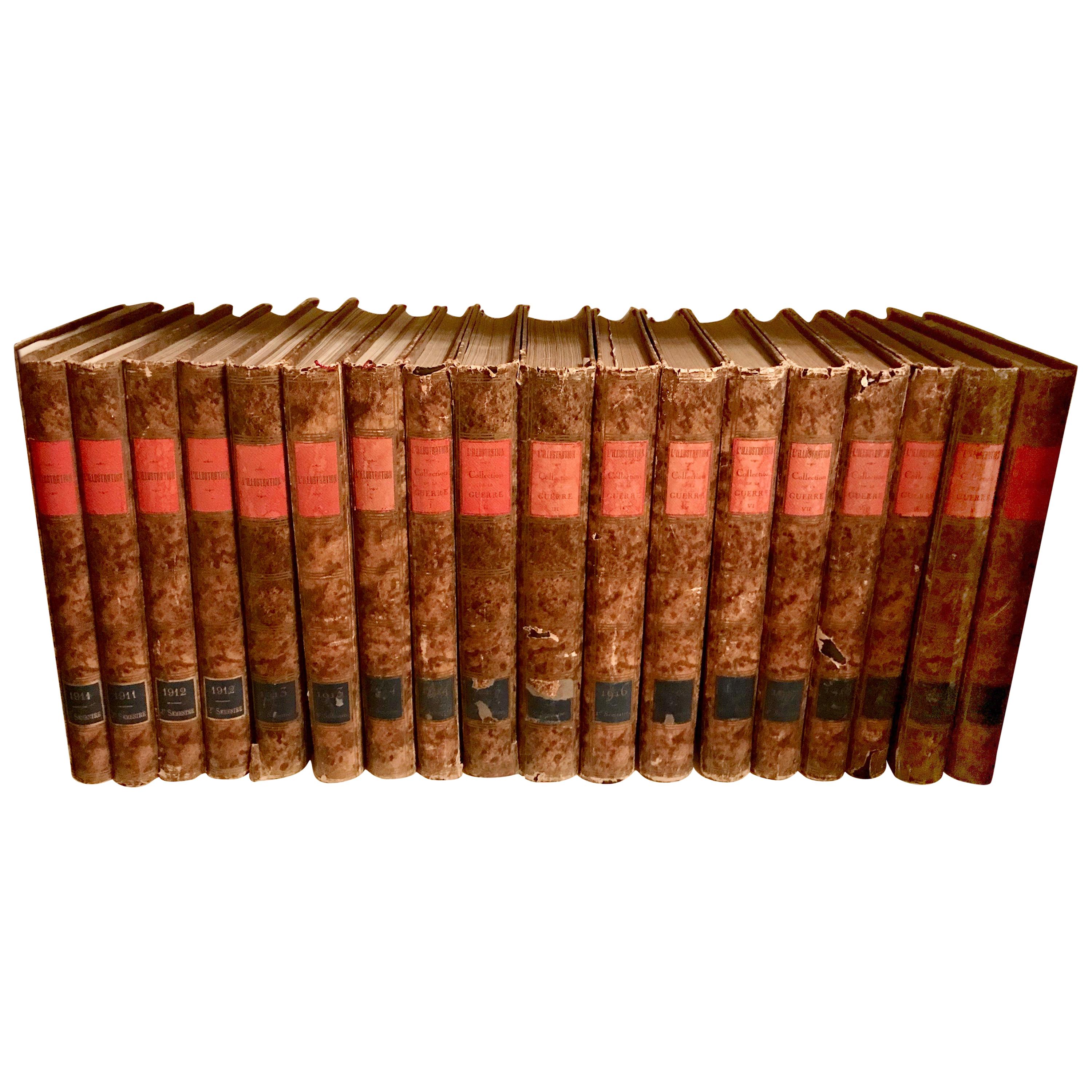 Set of 25 French Leather Bound Volumes Containing "L'illustration", 1910-1922 For Sale
