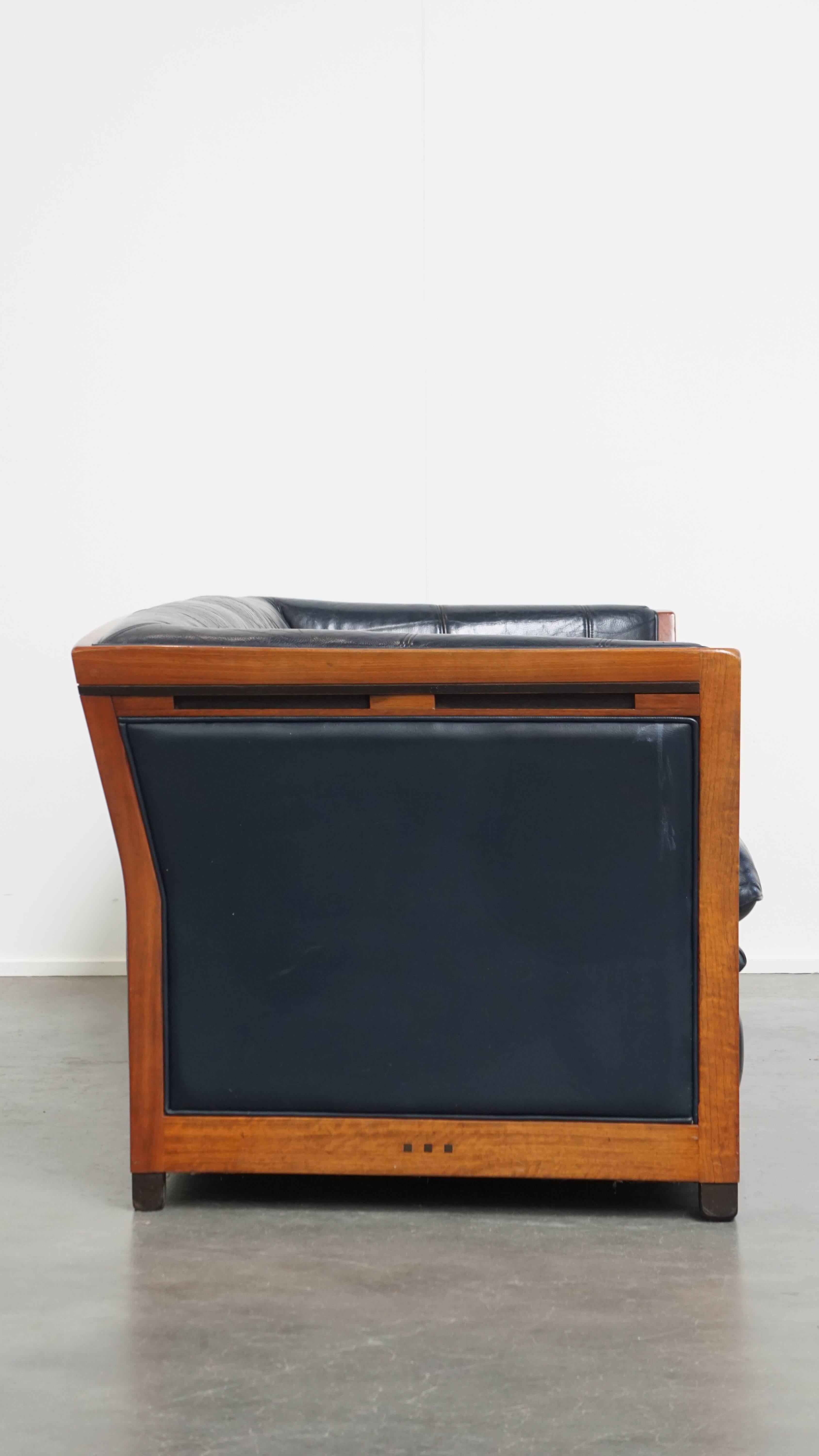 Art Deco Set of 2.5-Seater Sofas with Dark Blue Cowhide Leather For Sale