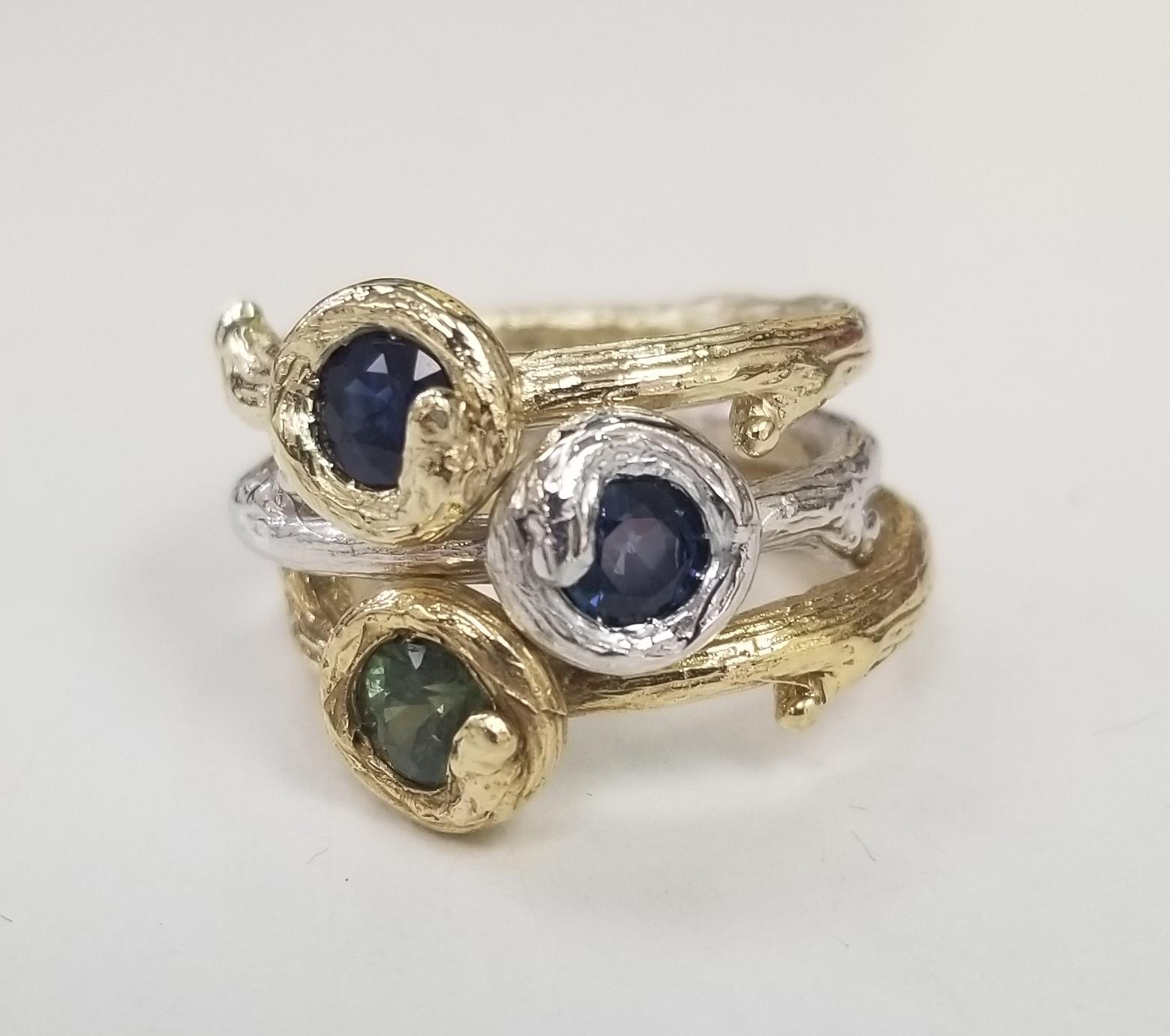 Artisan Set of 3 14k gold Multicolored Sapphire Bark Stack-able Rings For Sale