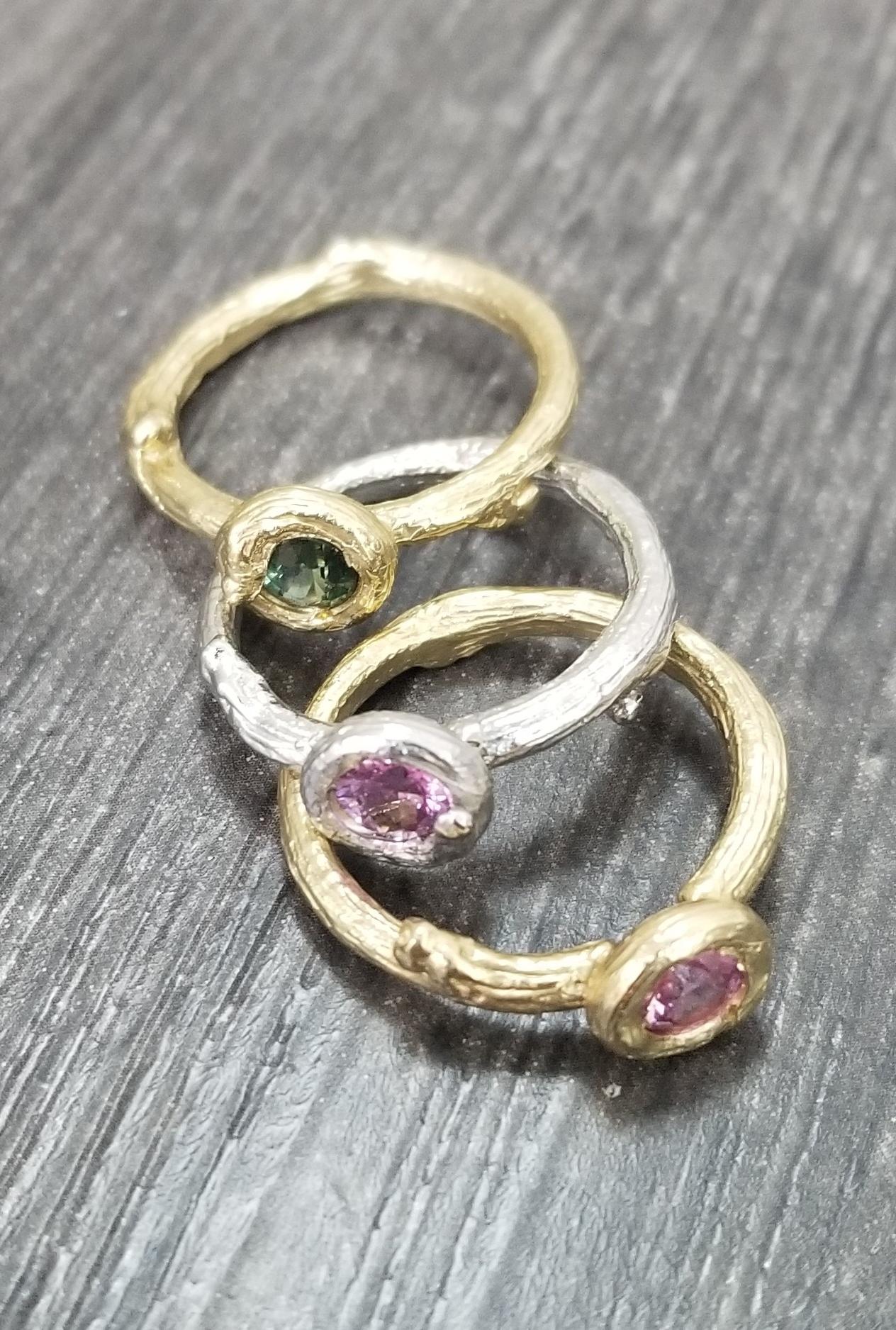 Women's or Men's Set of 3 14k gold Multicolored Sapphire Bark Stack-able Rings For Sale