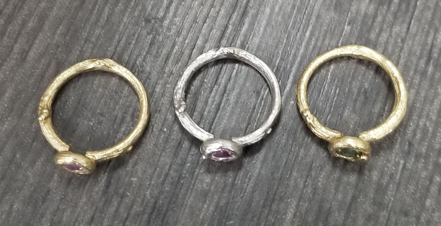 Set of 3 14k gold Multicolored Sapphire Bark Stack-able Rings For Sale 1