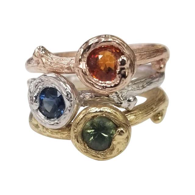 Set of 3 14k gold Multicolored Sapphire Bark Stack-able Rings For Sale ...