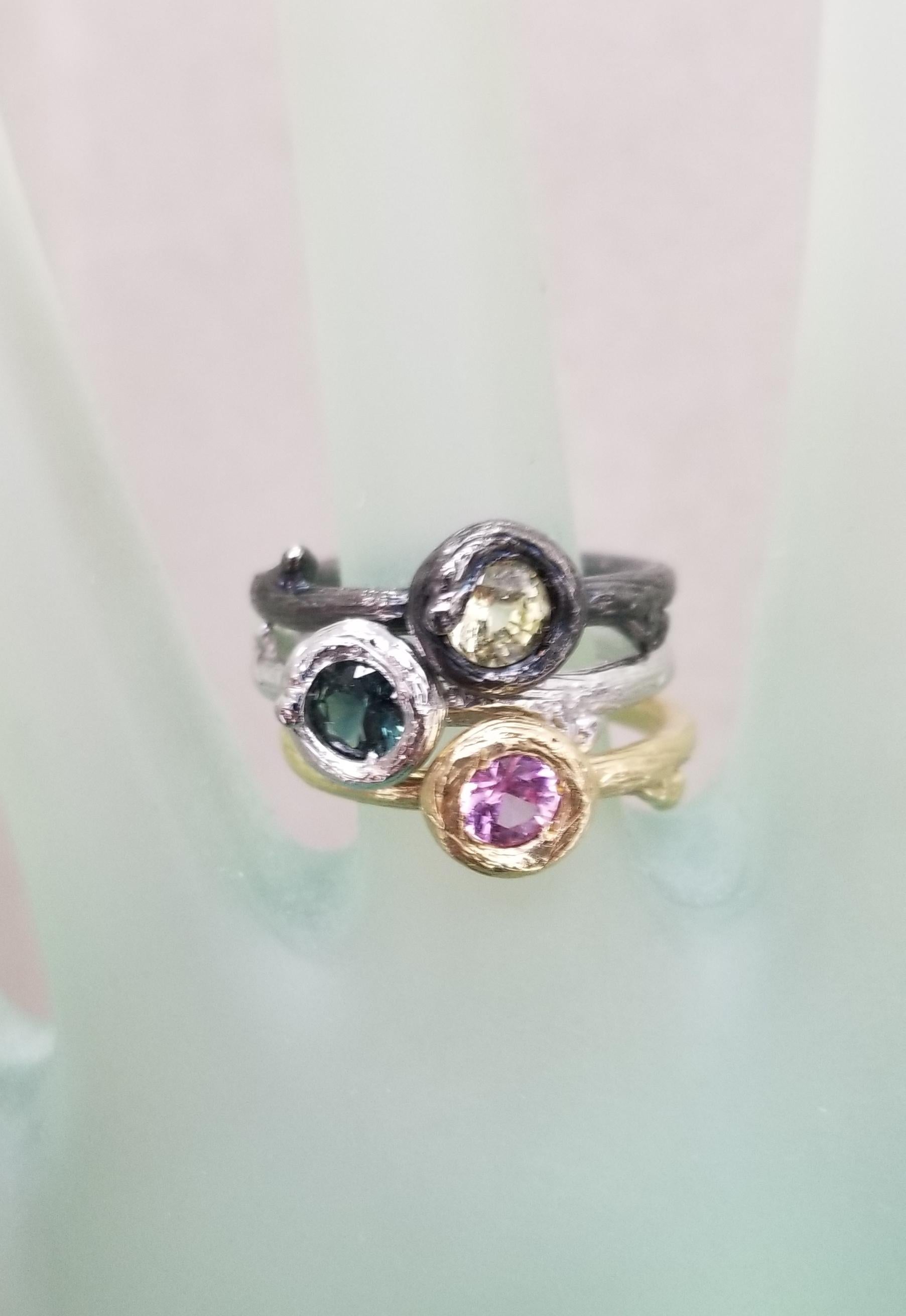 Set of 3 14k Gold Multicolored Sapphire Bark Stackable Rings 2