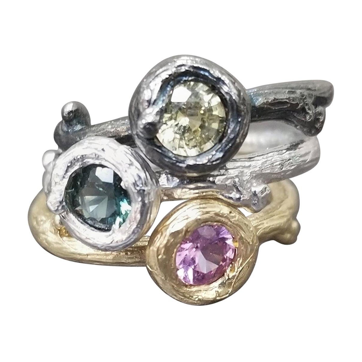 Set of 3 14k Gold Multicolored Sapphire Bark Stackable Rings For Sale