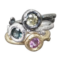 Set of 3 14k Gold Multicolored Sapphire Bark Stackable Rings