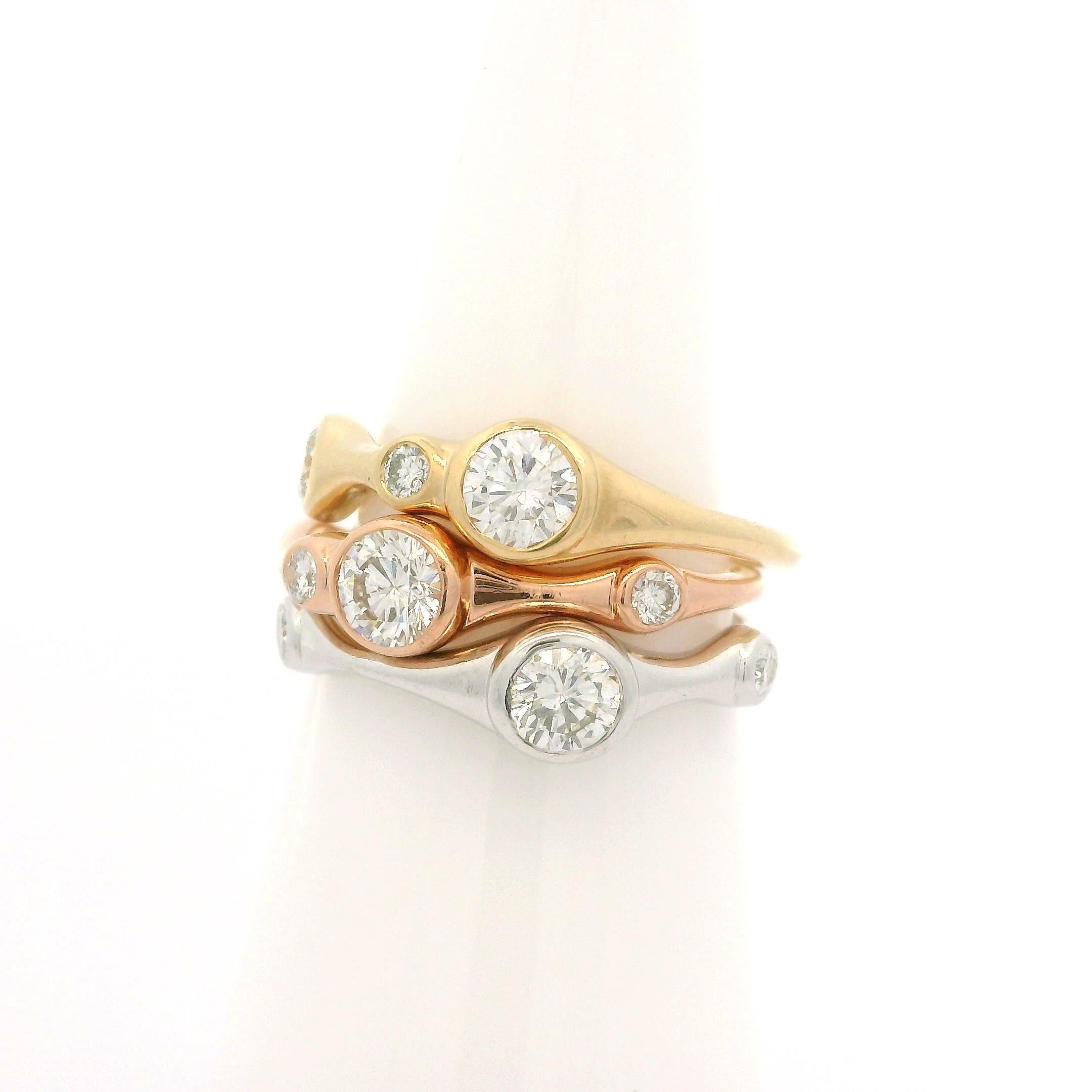 Set of 3 14k Tri Color Gold 1.08ctw Bezel Diamond Low Profile Stack Bands Rings For Sale 6