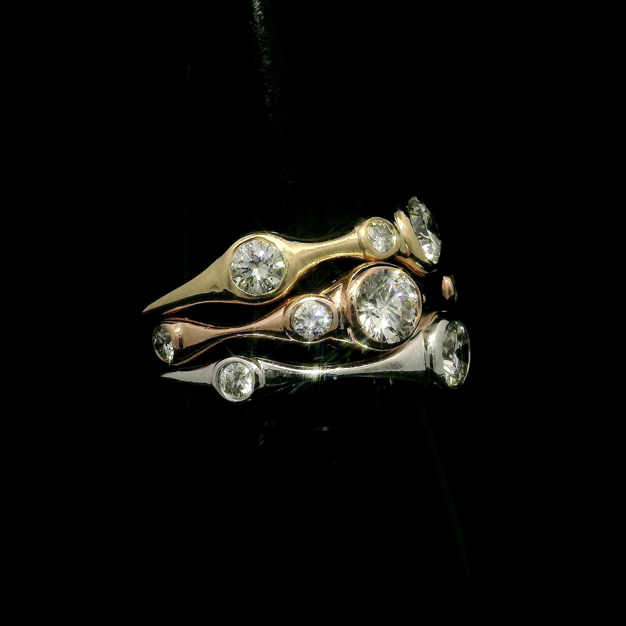 Brilliant Cut Set of 3 14k Tri Color Gold 1.08ctw Bezel Diamond Low Profile Stack Bands Rings For Sale