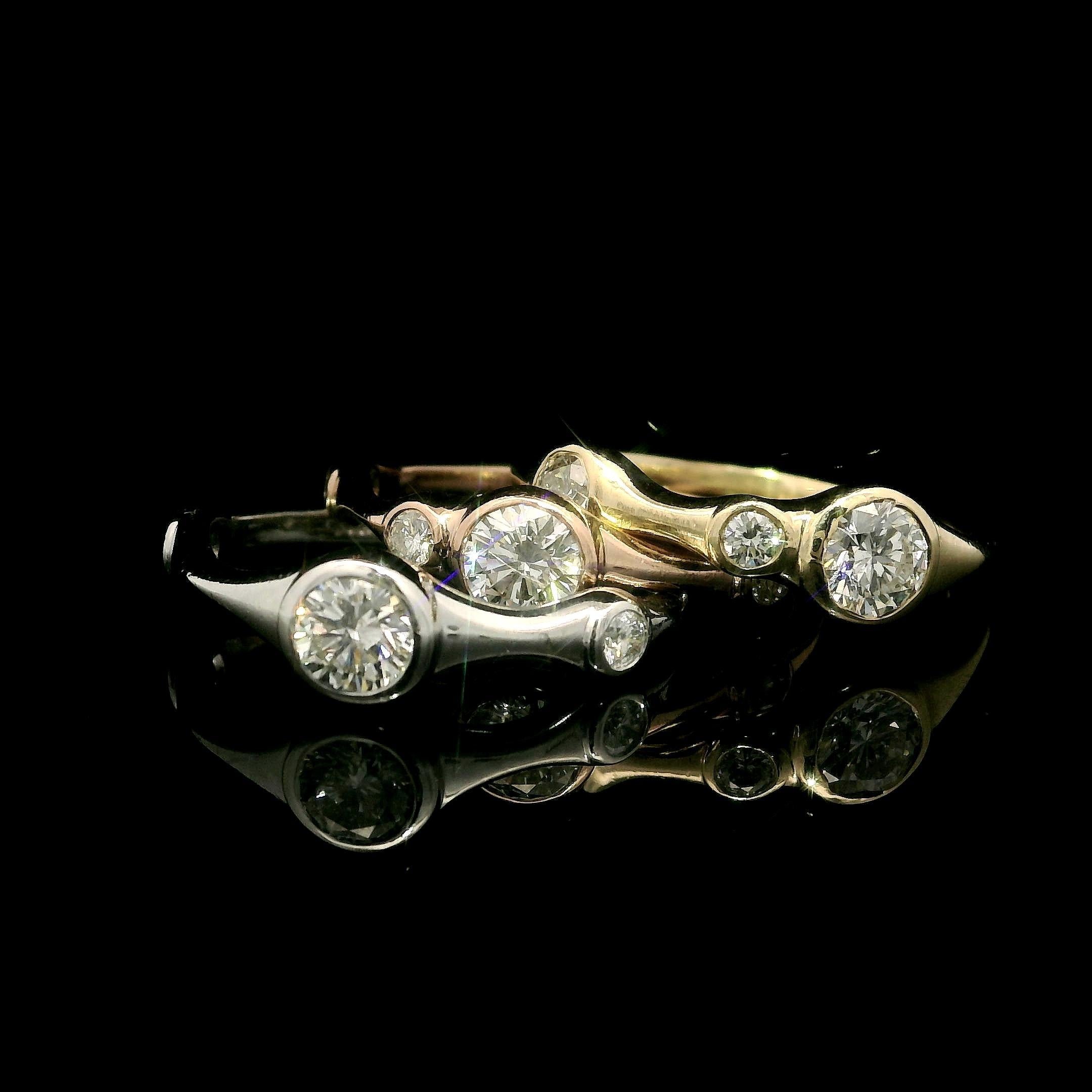 Women's Set of 3 14k Tri Color Gold 1.08ctw Bezel Diamond Low Profile Stack Bands Rings For Sale