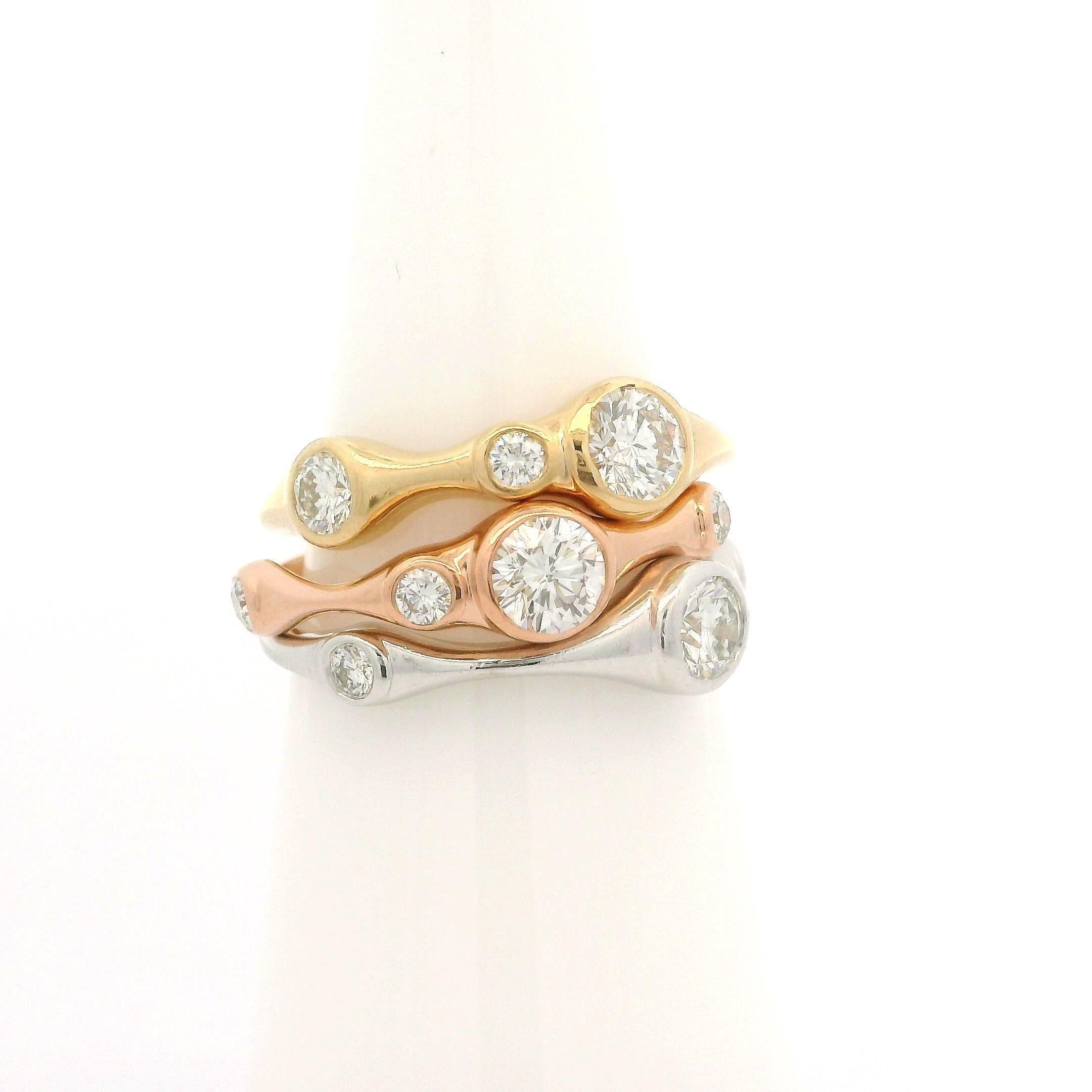 Set of 3 14k Tri Color Gold 1.08ctw Bezel Diamond Low Profile Stack Bands Rings For Sale 1