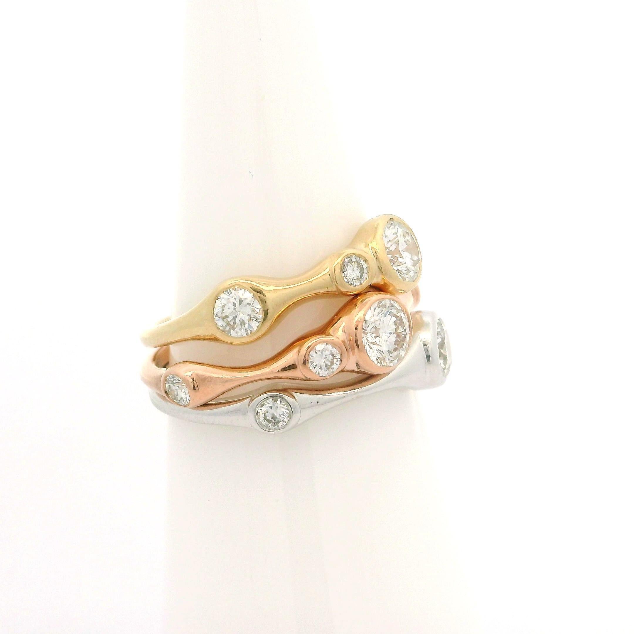 Set of 3 14k Tri Color Gold 1.08ctw Bezel Diamond Low Profile Stack Bands Rings For Sale 2