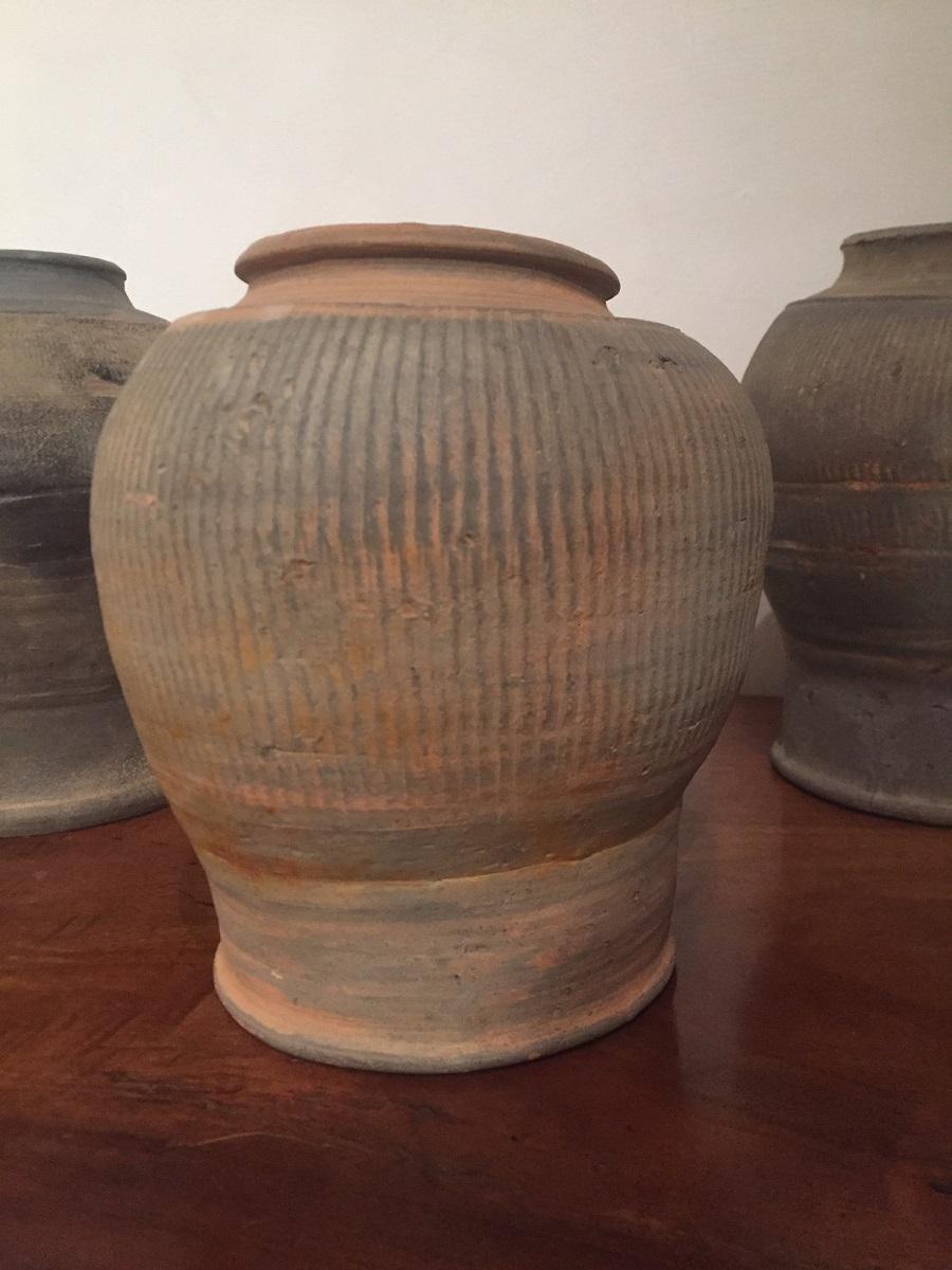 A set of 3 Vietnamese pots. Made in grey earthenware during the Ly-Tran dynasties (14-16th century) they have a typical elegant form also seen in Khmer and Chinese ceramics.
The top and bottoms have a moulded rim and they are decorated with a