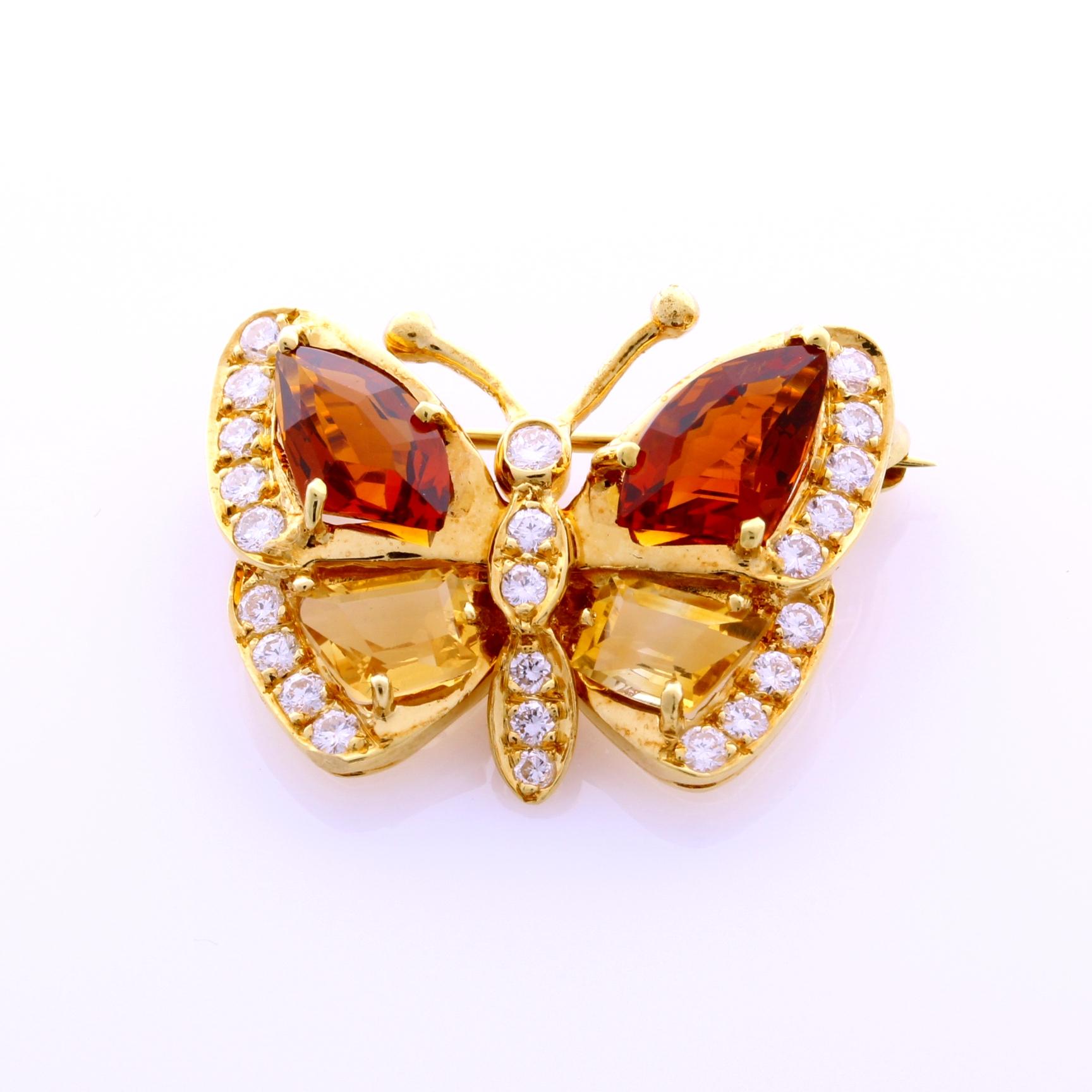 Contemporary Set of 3 18 Karat Yellow Gold Genuine Color Stone Diamond Butterfly Brooches For Sale
