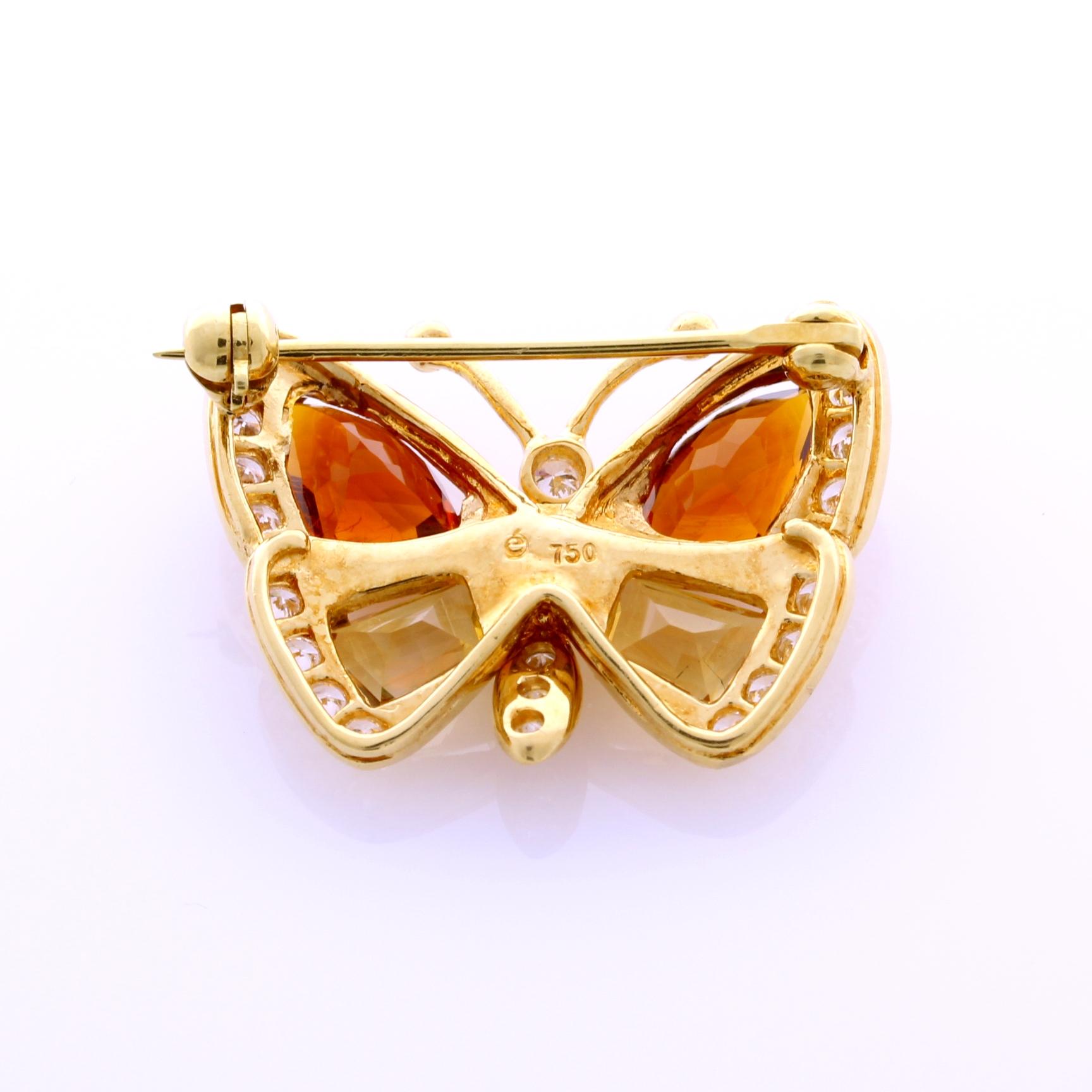 Round Cut Set of 3 18 Karat Yellow Gold Genuine Color Stone Diamond Butterfly Brooches For Sale