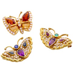 Set of 3 18 Karat Yellow Gold Genuine Color Stone Diamond Butterfly Brooches Set of 3 18 Karat Yellow Gold Genuine Color Stone Diamond Butterfly Brooches