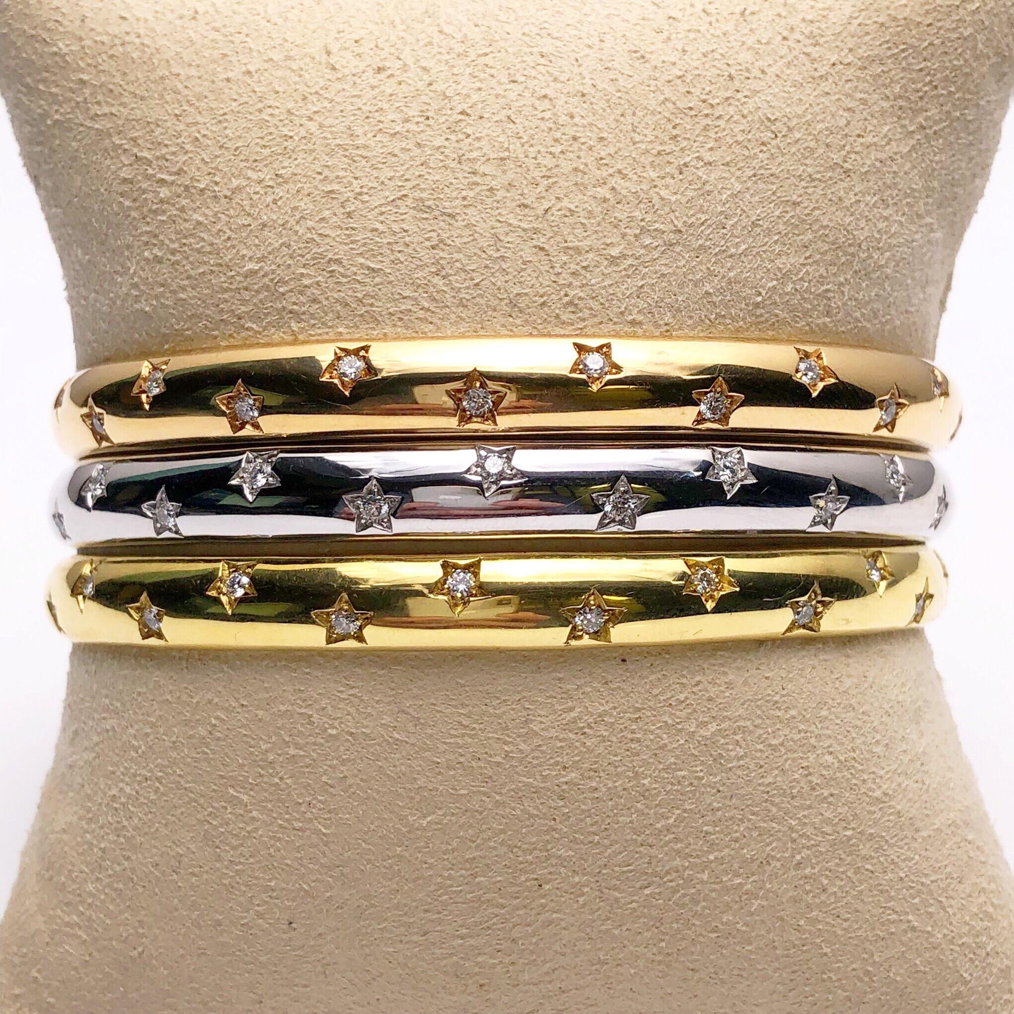 Round Cut Set of 3 18 Karat Tri-Colored Gold and 2.04 Carat Diamond Star Bangles For Sale