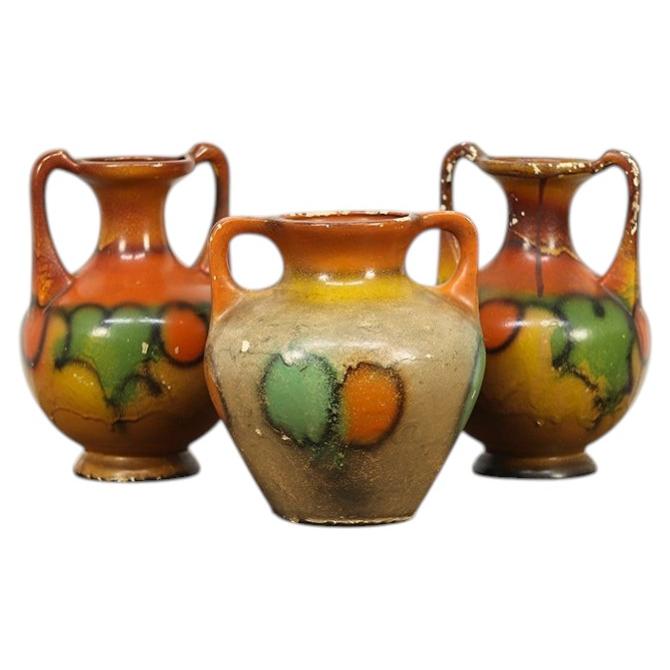 Set di 3: vasi in terracotta dell'arte popolare belga degli anni '20, dipinti a mano