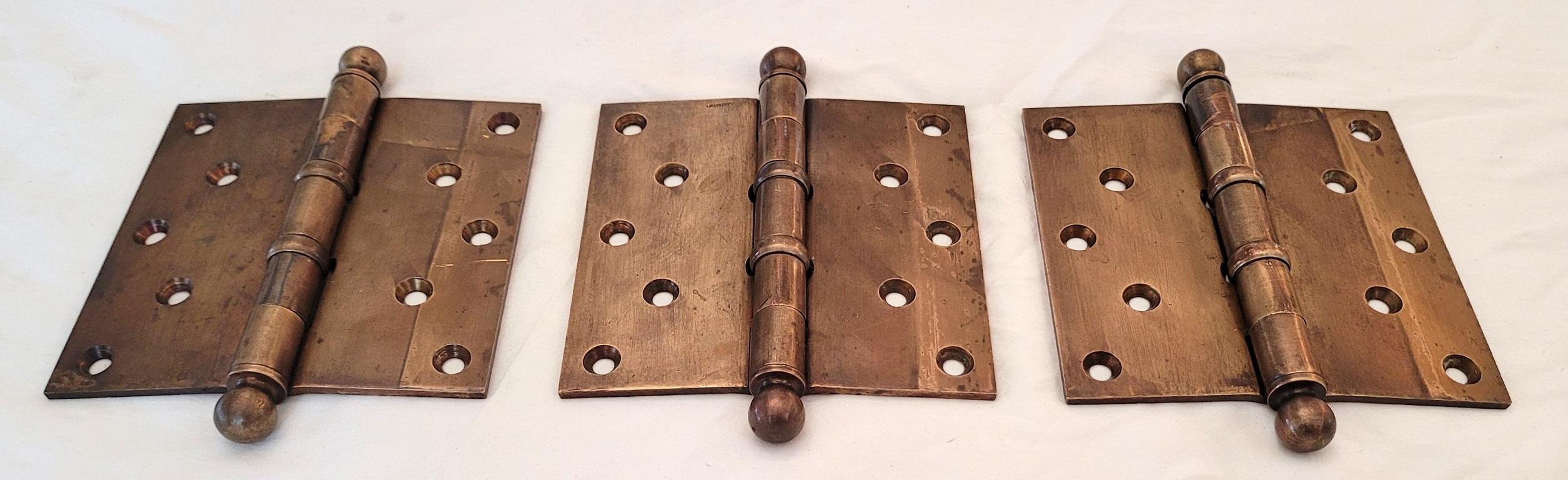 Presenting a fabulous set of 3 1920s McKinney antique brass 5in door hinges.

Rare survivors!

Made in the USA by ‘McKinney’ circa 1925-29.

These are without doubt from the Art Nouveau/Art Deco Era.

They were salvaged from a Mansion in