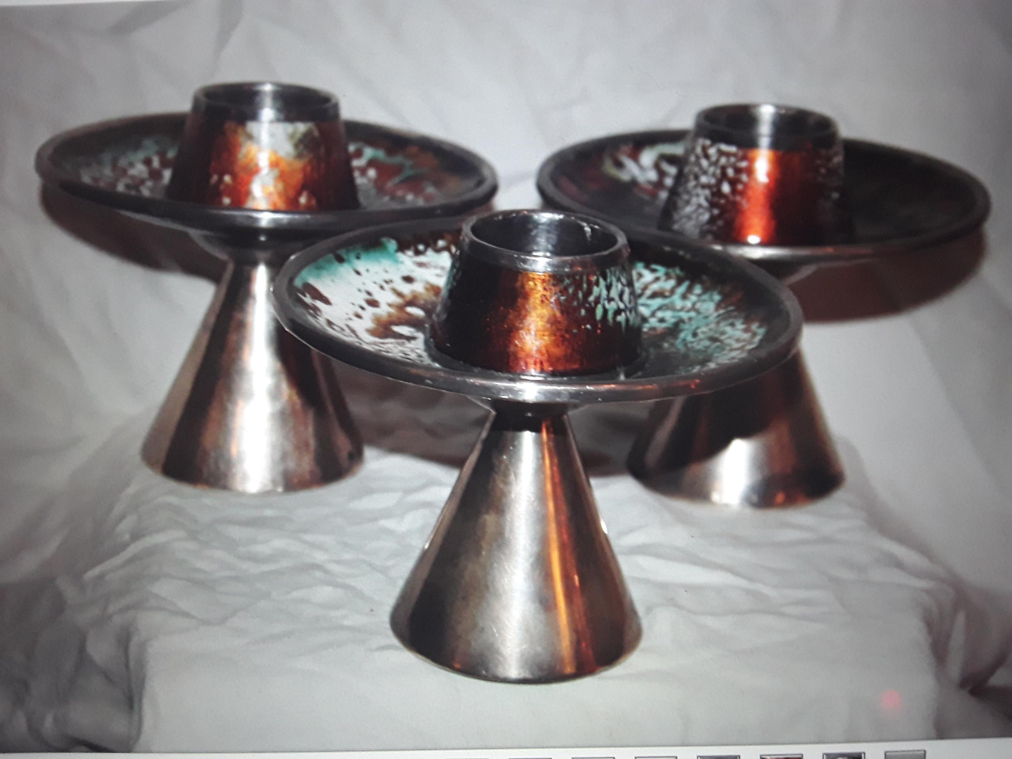 Set of 3 1930's Modern Signed&Stamped Maison Bagues Enamelled Candlesticks  For Sale 5