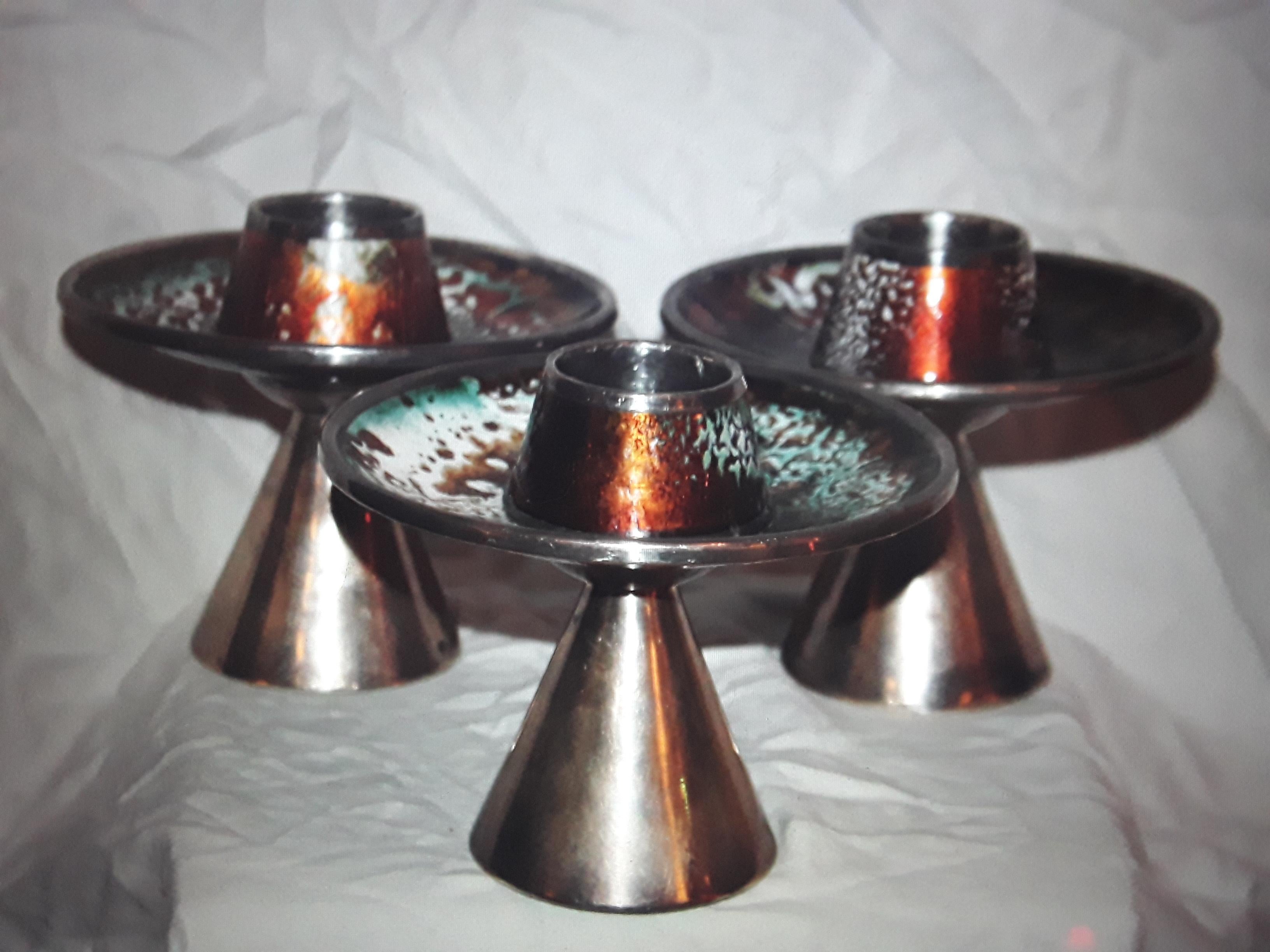 c1930's French Modern style Futuristic Enamelled Candlesticks. Boldly marked Bagues. These are a very rare form from Bagues.