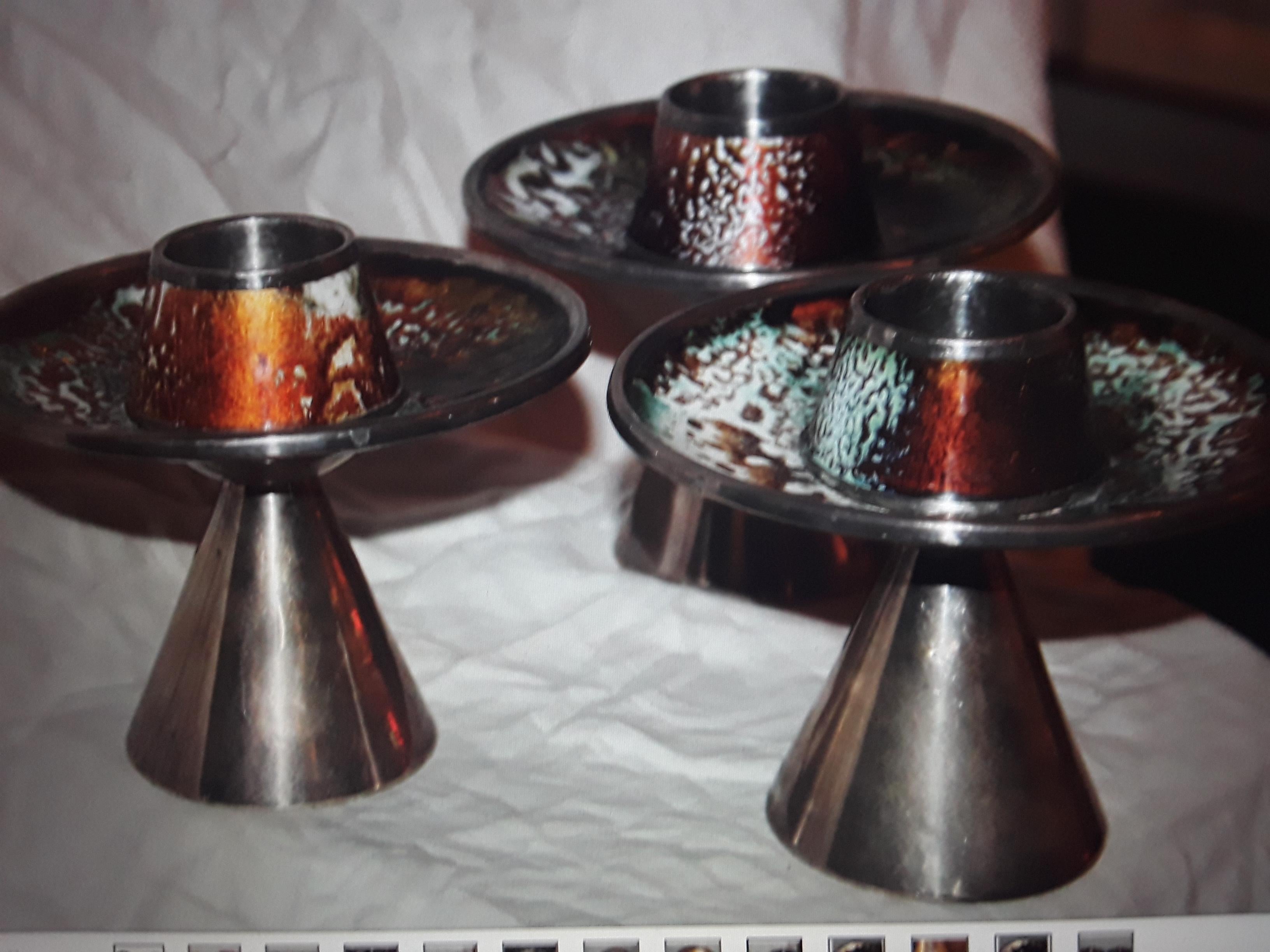 Mid-20th Century Set of 3 1930's Modern Signed&Stamped Maison Bagues Enamelled Candlesticks  For Sale