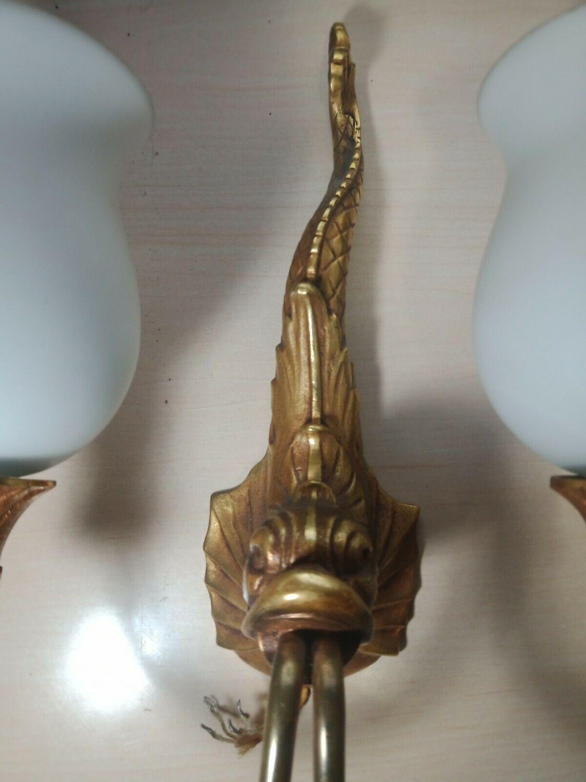 Set of 3 1940's French Neoclassical style Gilt Bronze Fish/ Dolphon Wall Sconces For Sale 6
