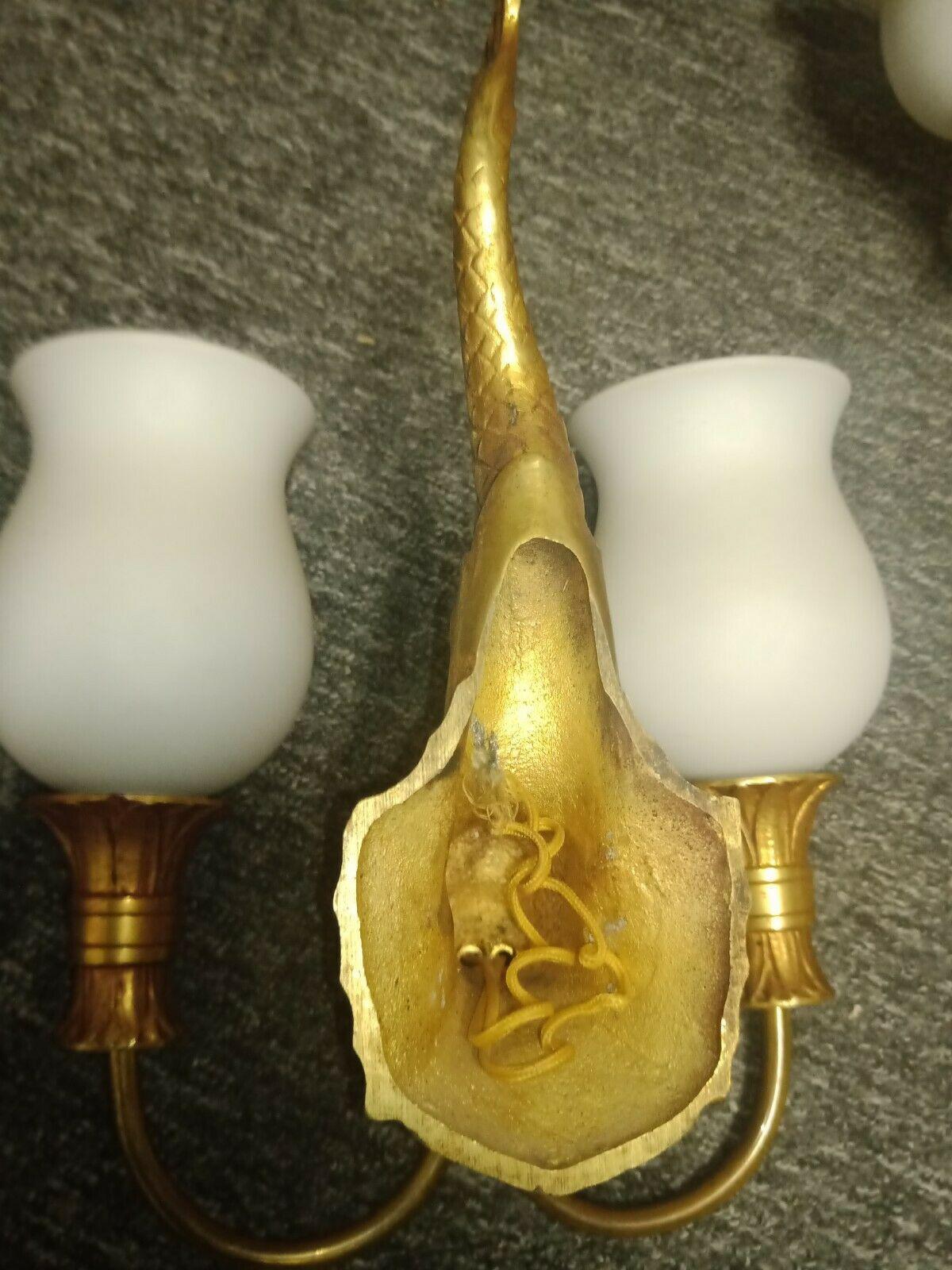 Set of 3 1940's French Neoclassical style Gilt Bronze Fish/ Dolphon Wall Sconces For Sale 1