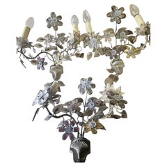 Set of 3 1940's French Regency Amethyst Cut Crystal Floral Bouquet Wall Sconces