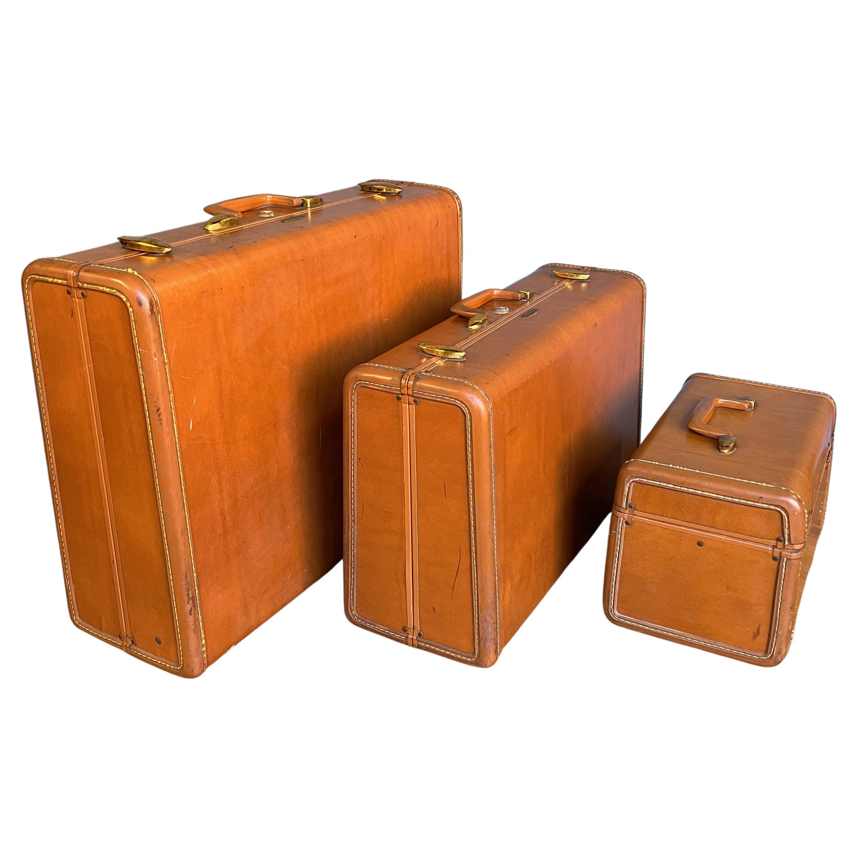 Set of 3 1940's Samsonite Hard Shell Leather Suitcases For Sale at 1stDibs