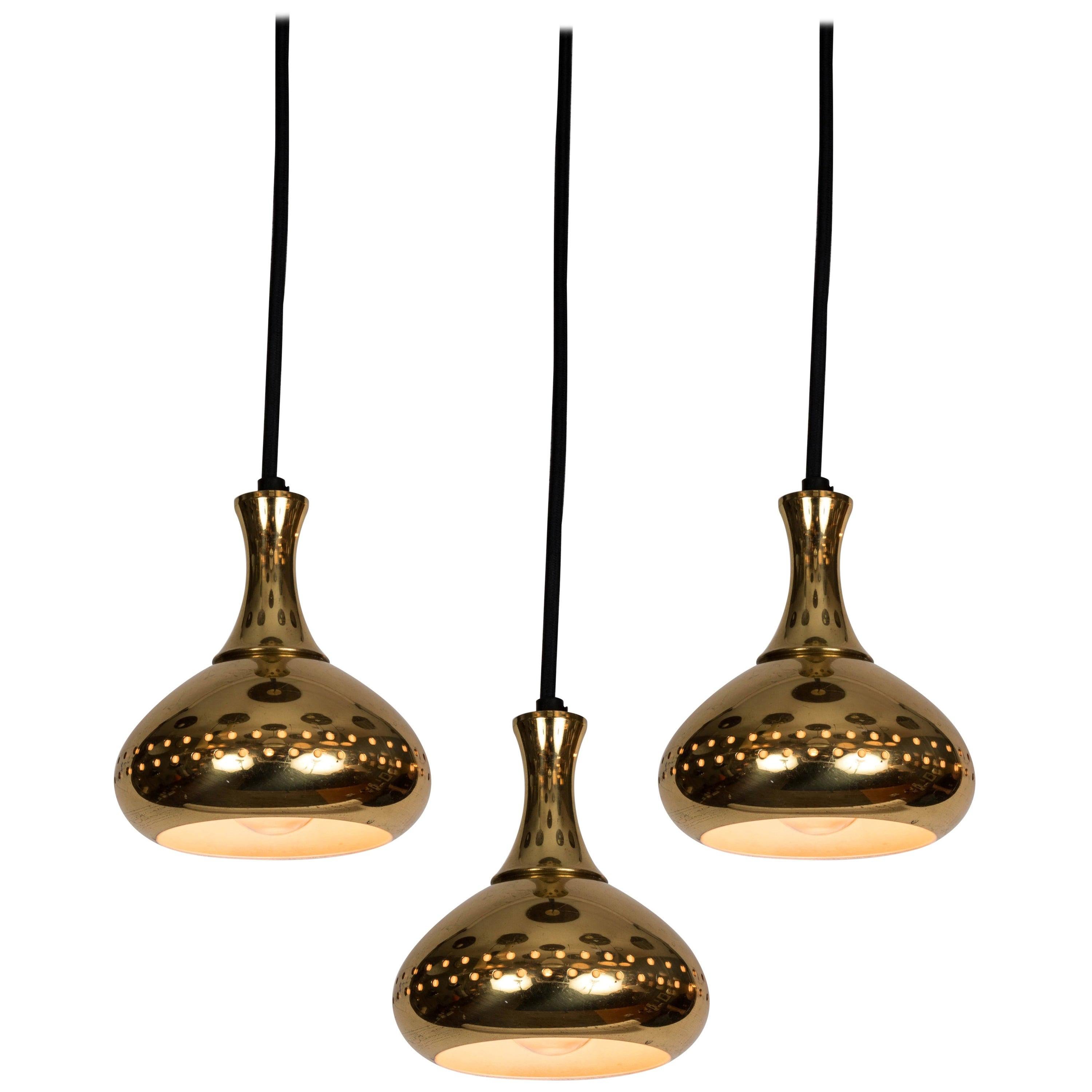 Set of 3 1950s Hans-Agne Jakobsson Perforated Brass Pendants for Markaryd