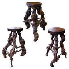 Set of 3 1950s Mid-Century French Twisted Grapevine Roots Handcrafted Bar Stools