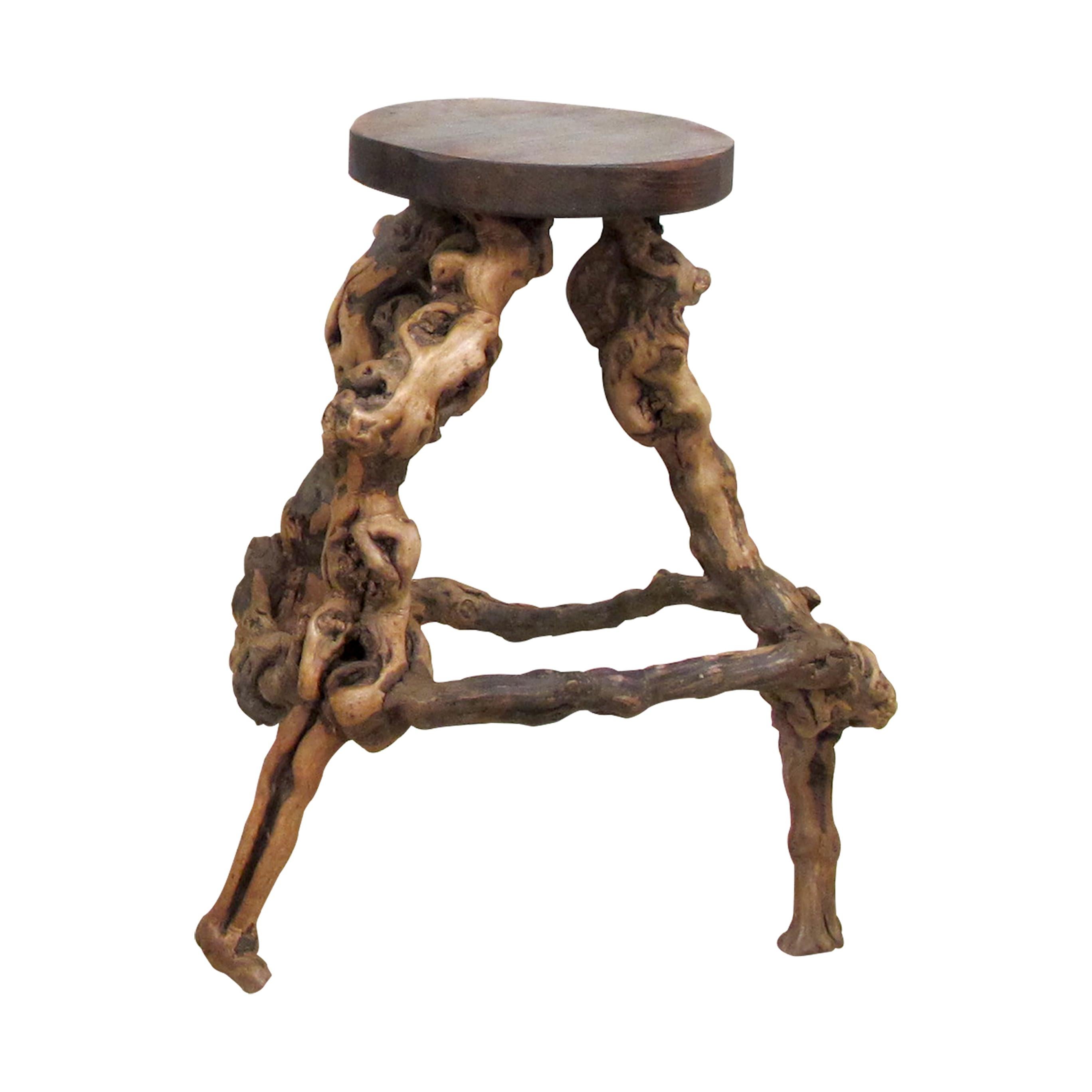 Hand-Crafted Set of 3 1950s Mid Century French Twisted Handcrafted Grapevine Root Bar Stools