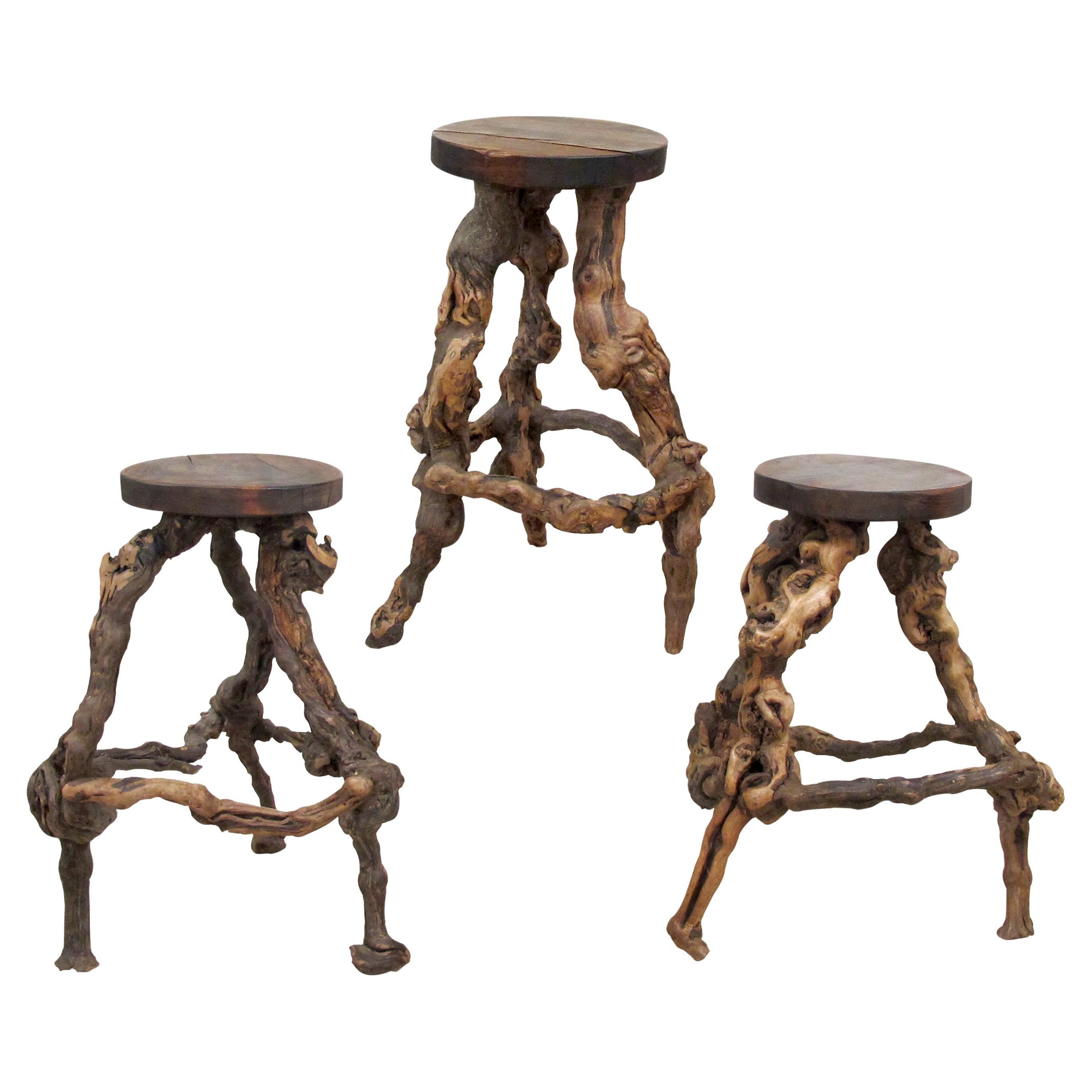 Set of 3 1950s Mid Century French Twisted Handcrafted Grapevine Root Bar Stools