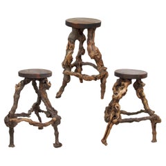 Set of 3 1950s Mid Century French Twisted Handcrafted Grapevine Root Bar Stools