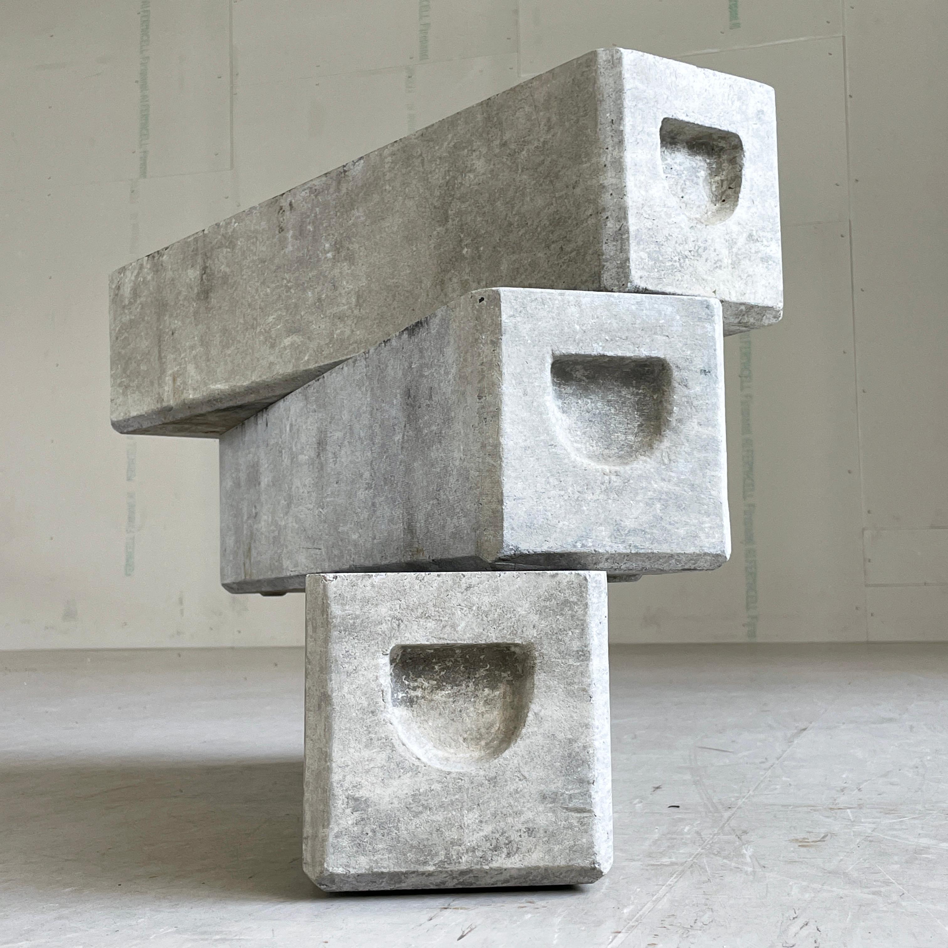 Set of 3 Minimalist concrete planter troughs by prominent Swiss designer, Willy Guhl. Made in Switzerland ca. 1950 - 1960. Produced by Eternit AG, Switzerland. Solid concrete with drainage holes. With original recessed handles.
In original condition