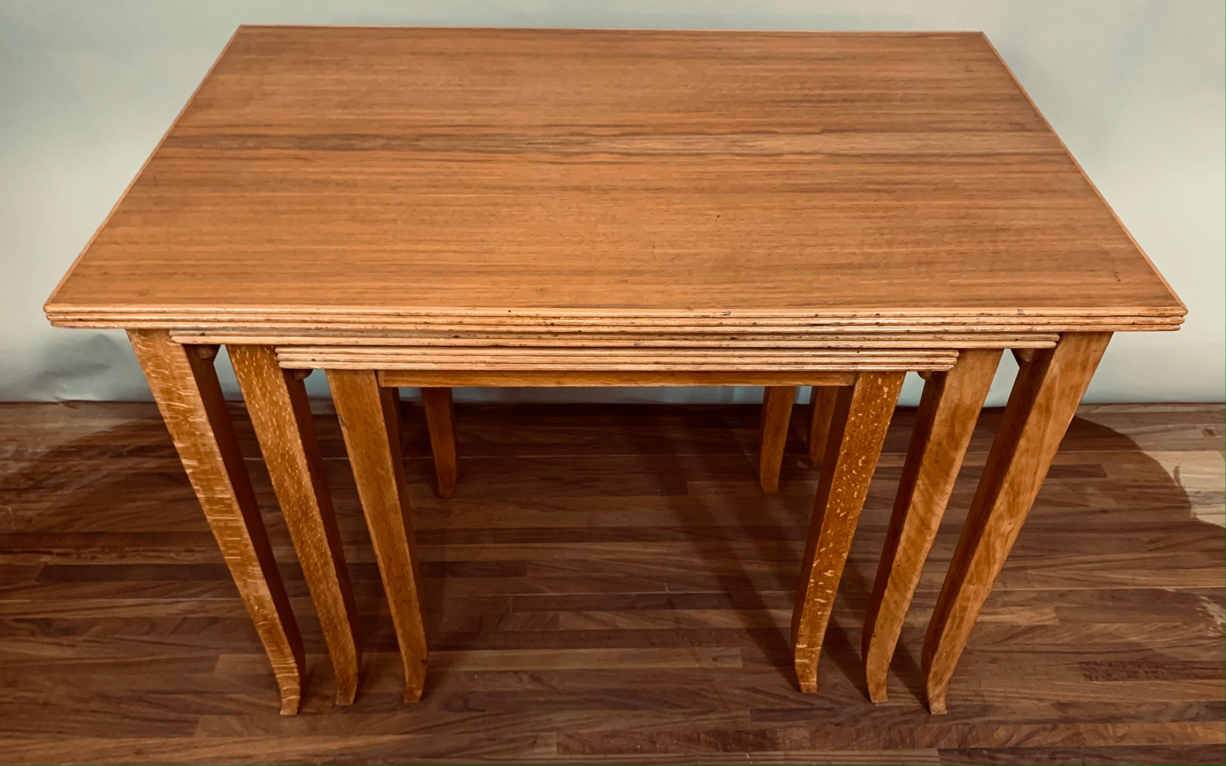 Mid-Century Modern Set of 3 1960s English Stackable Teak with Ribbed Edge Border Nest of Tables For Sale