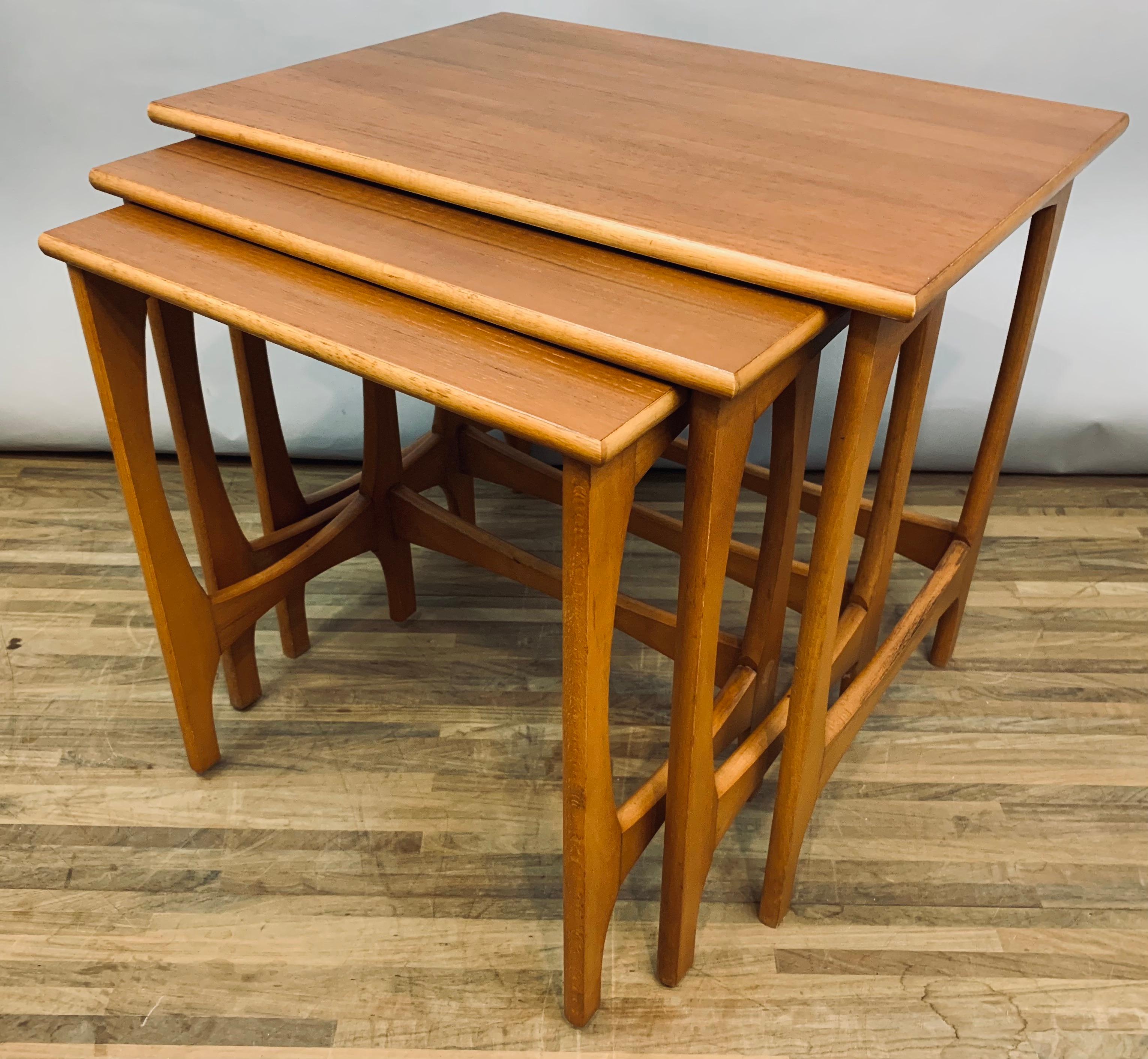 Mid-Century Modern Set of 3 1960s Mid-Century Vintage English Stackable Teak Nest of Tables