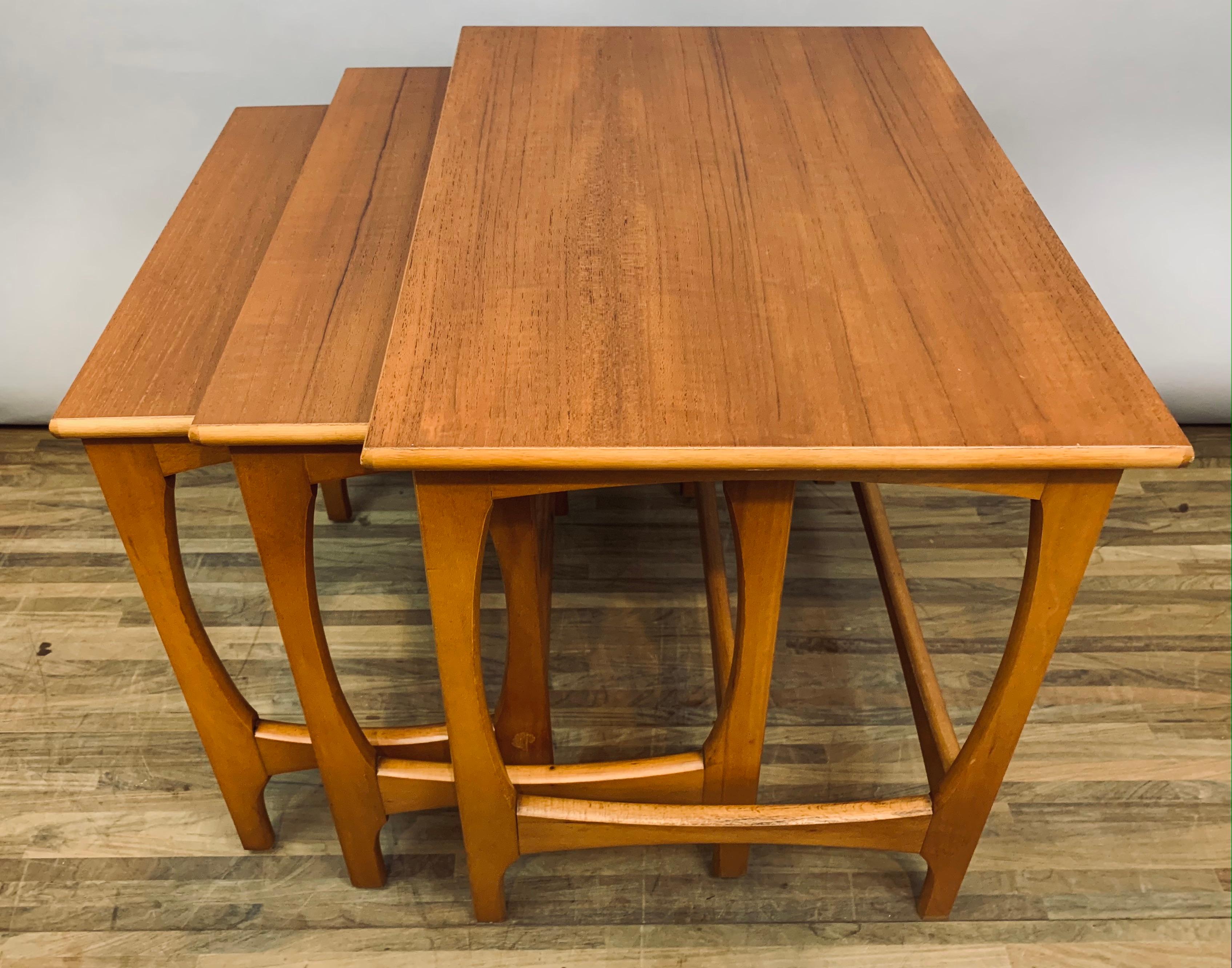 British Set of 3 1960s Mid-Century Vintage English Stackable Teak Nest of Tables