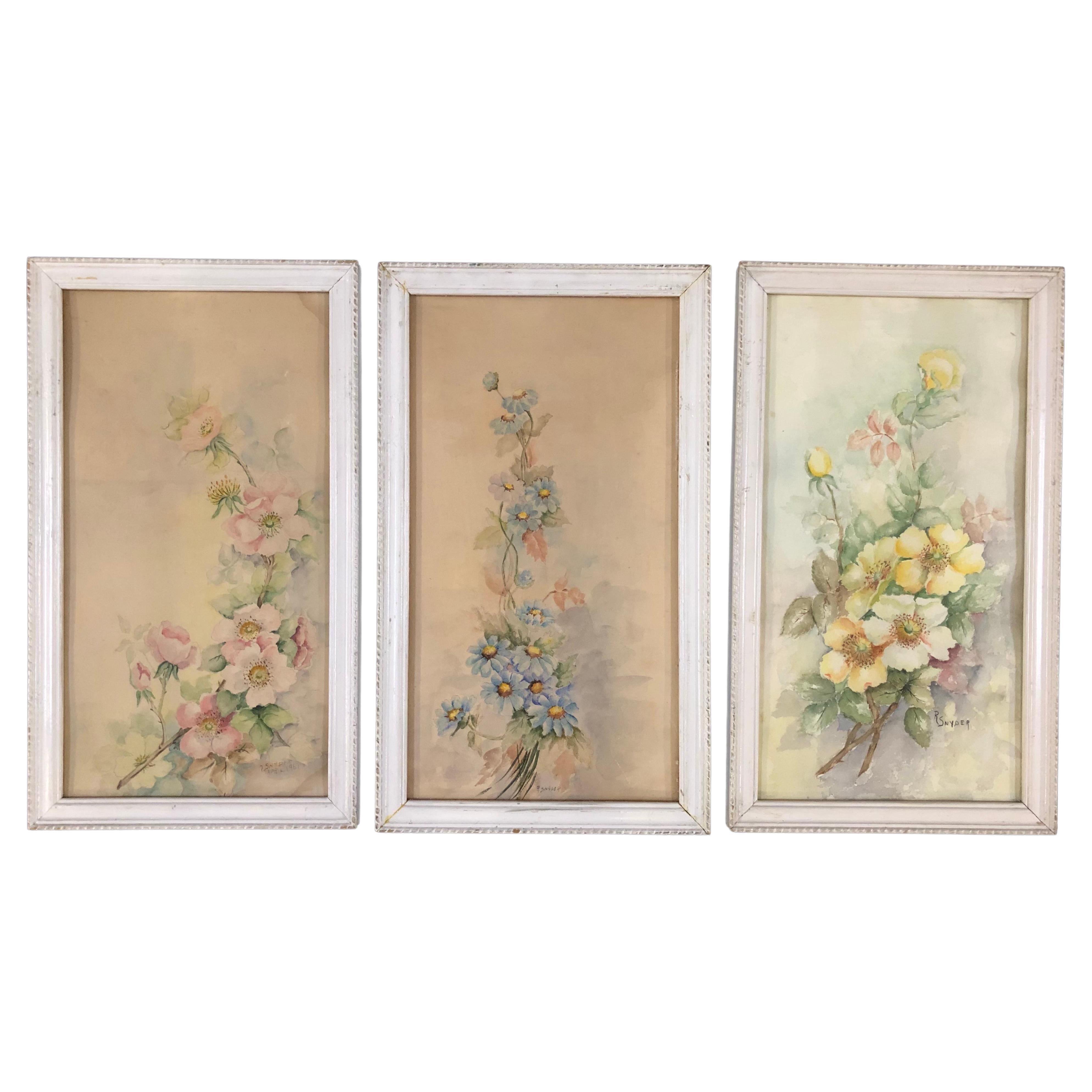Set of 3 1961 Original Watercolor Flowers Signed by R Synder For Sale