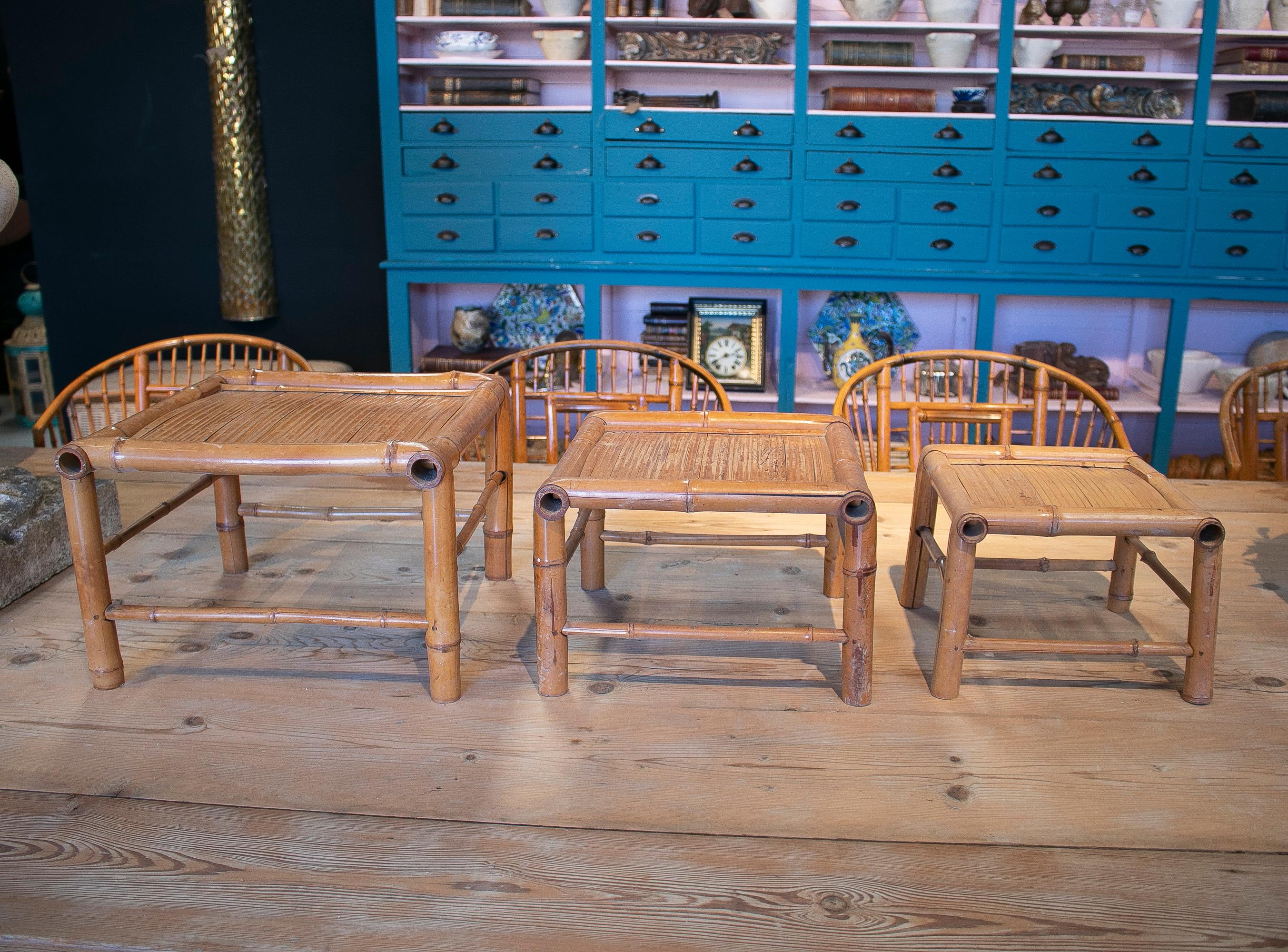 Spanish Set of 3 1970s Chinese Hand Woven Bamboo Nesting Tables