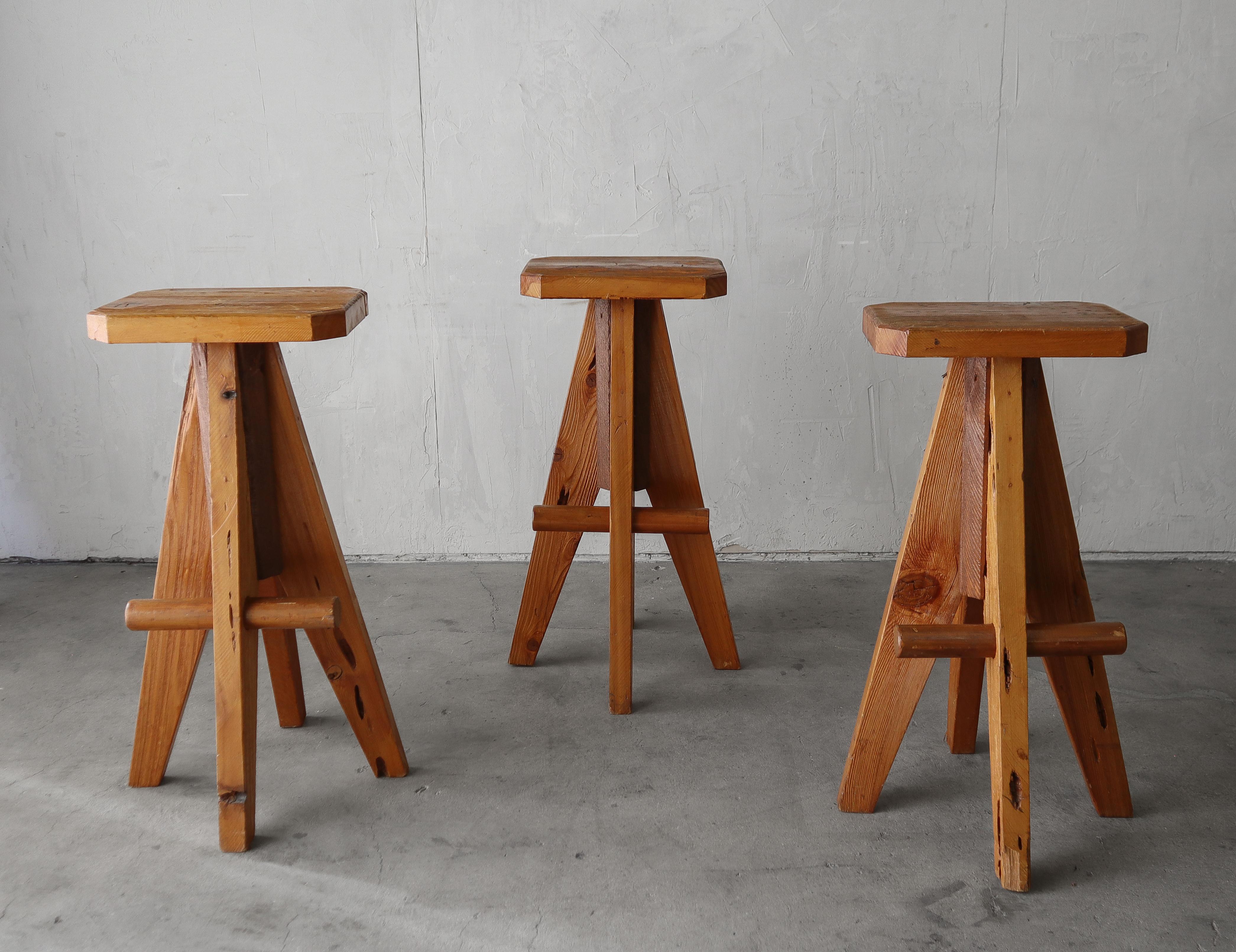Rustic Set of 3 1970s Scandinavian Pine Stools For Sale
