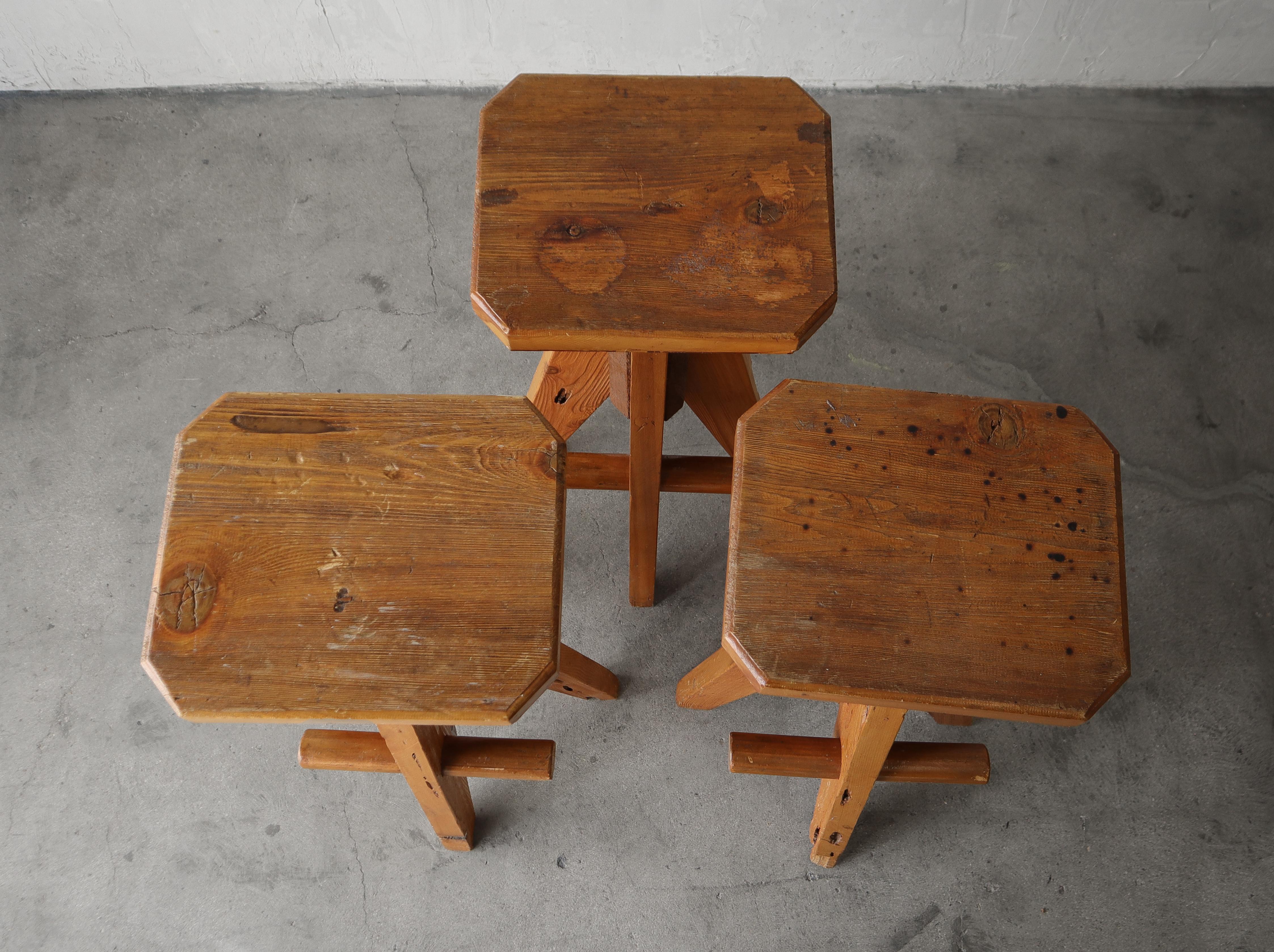 Set of 3 1970s Scandinavian Pine Stools For Sale 2