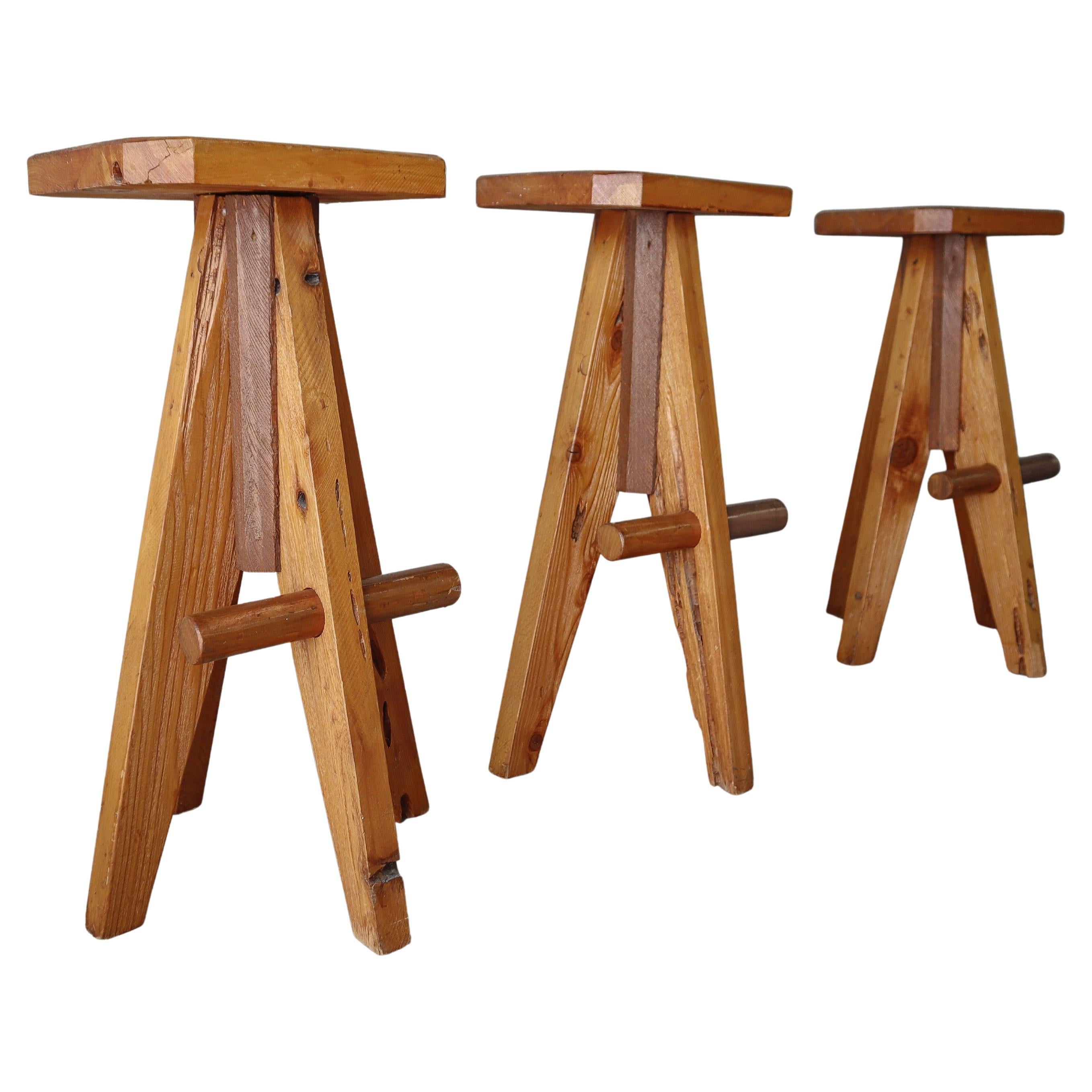 Set of 3 1970s Scandinavian Pine Stools For Sale